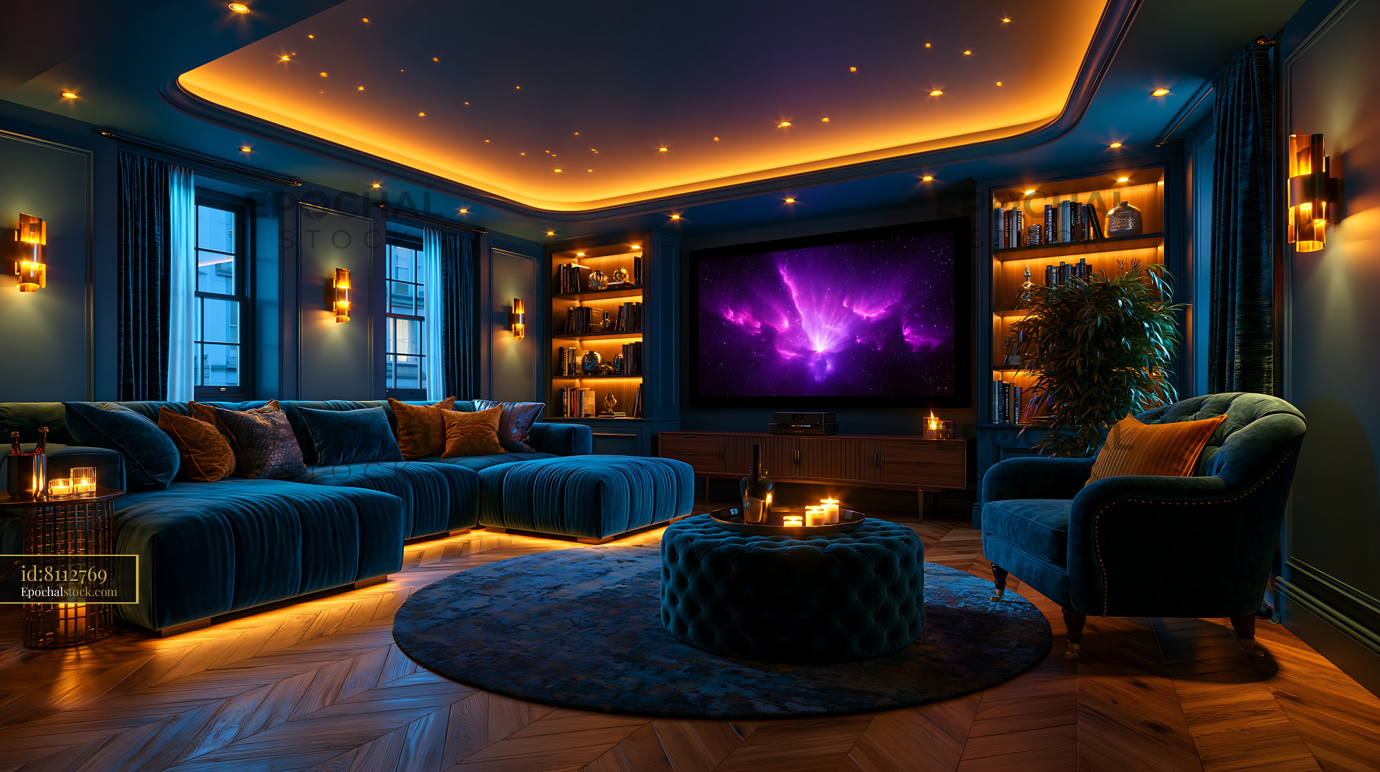 Watermarked full-resolution preview of Elegant blue living room with warm ambient lighting