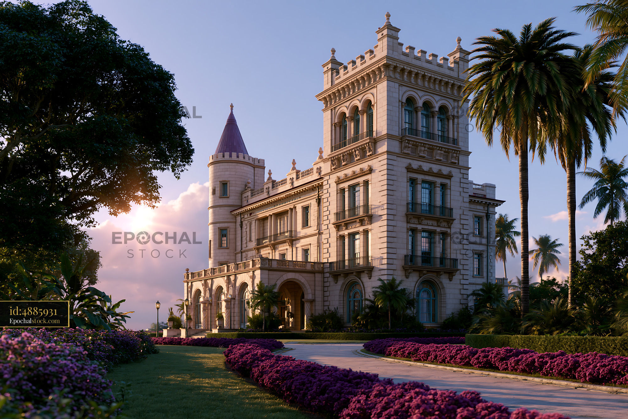Watermarked full-resolution preview of Beautiful mansion with garden and palm trees at sunset