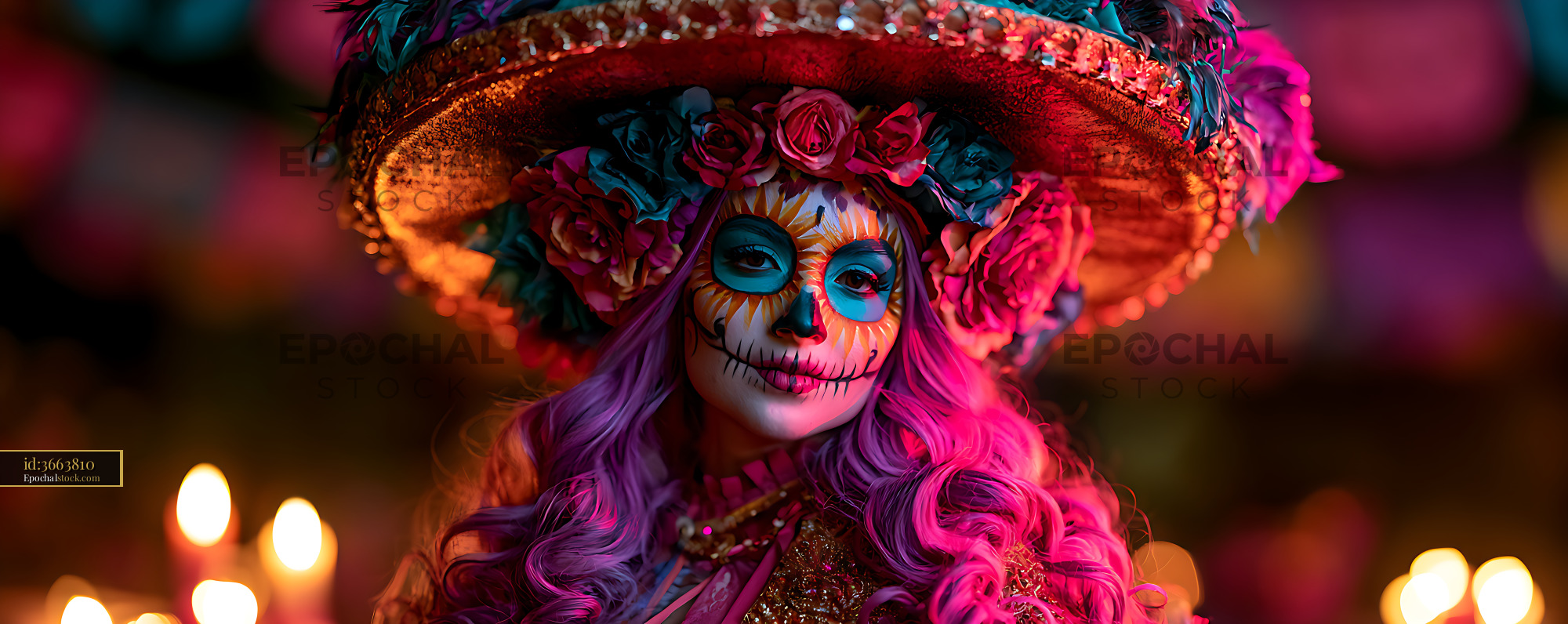 Watermarked full-resolution preview of Vivid sugar skull portrait in floral sombrero