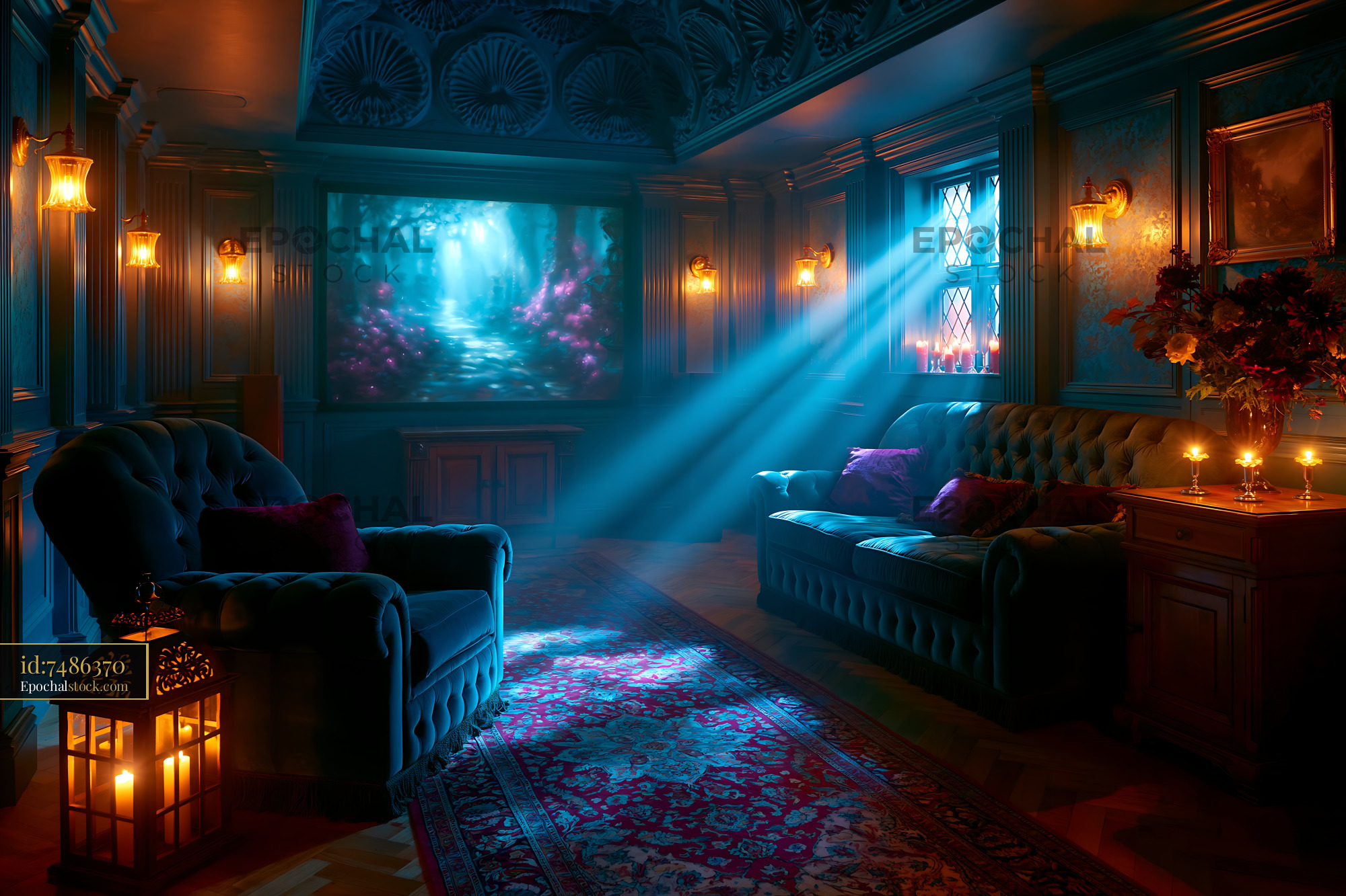 Watermarked full-resolution preview of Cozy interior with blue tones and soft lighting in a living room