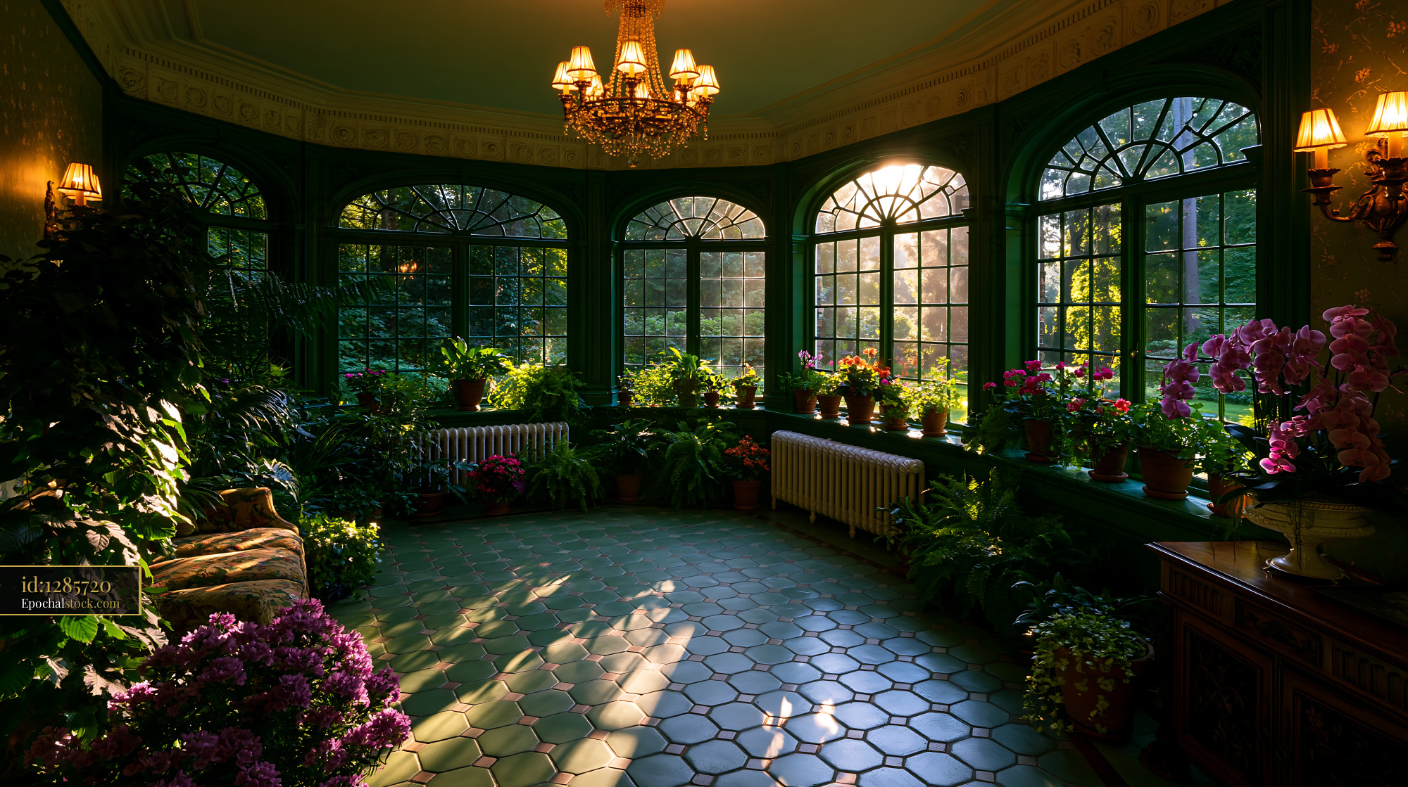 Watermarked full-resolution preview of Sunlight streaming through the windows of a greenhouse