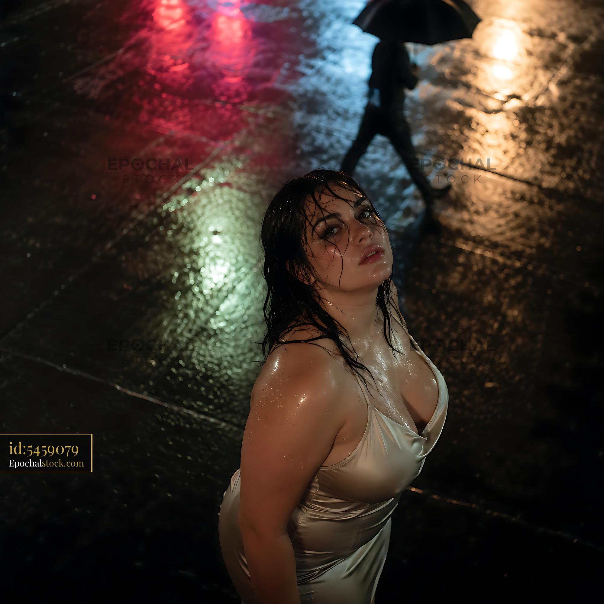 Watermarked full-resolution preview of Model standing on wet street at night during rain
