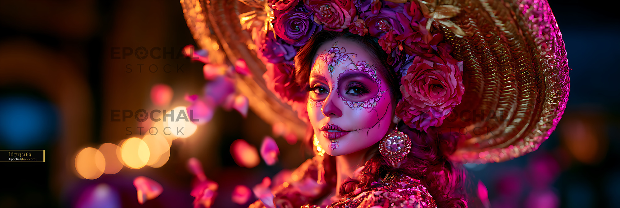 Watermarked full-resolution preview of Woman in traditional dress with flowers and sugar skull makeup