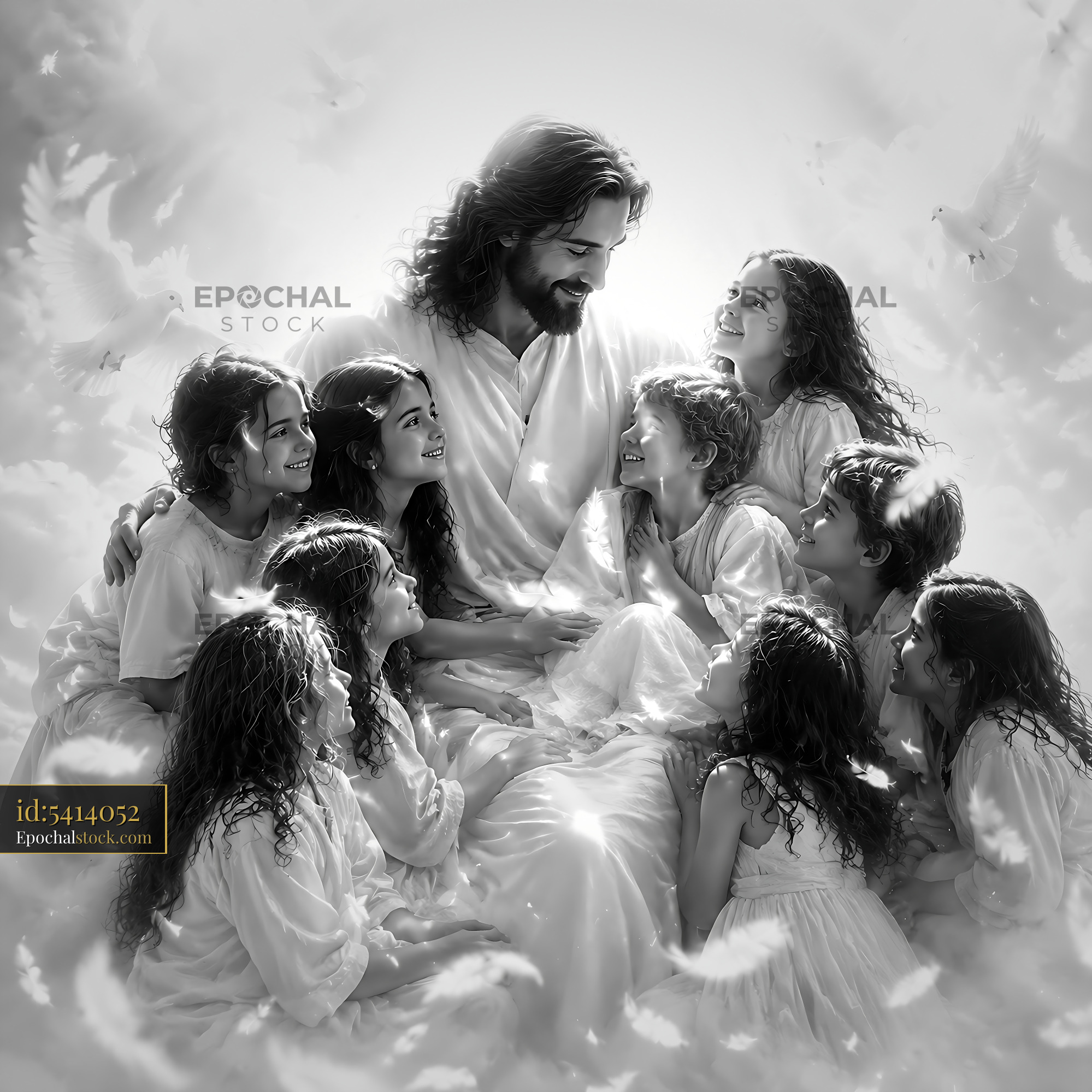 Watermarked full-resolution preview of Jesus surrounded by children with doves in a soft glow