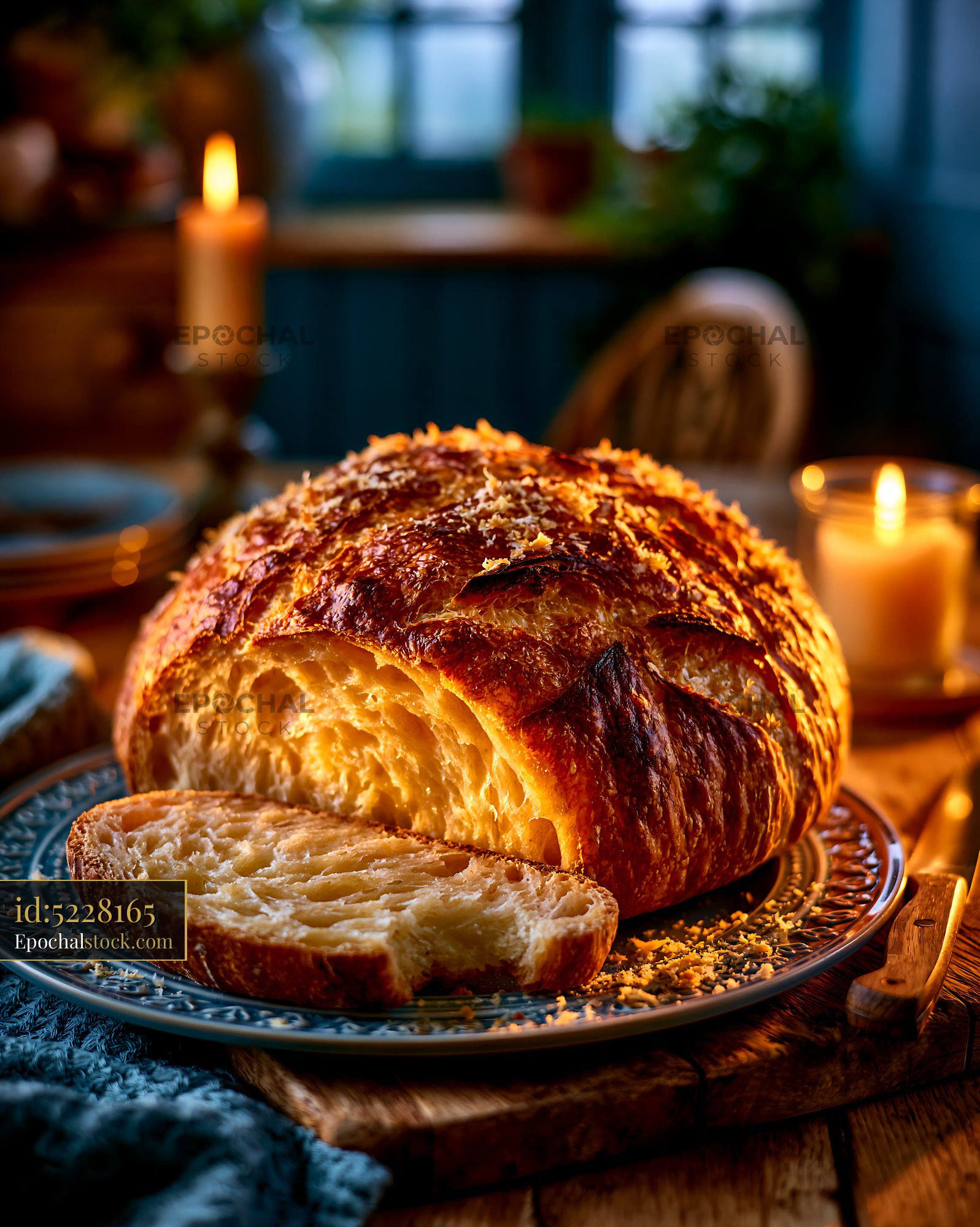 Watermarked full-resolution preview of Rustic golden bread loaf and slice in warm candlelight
