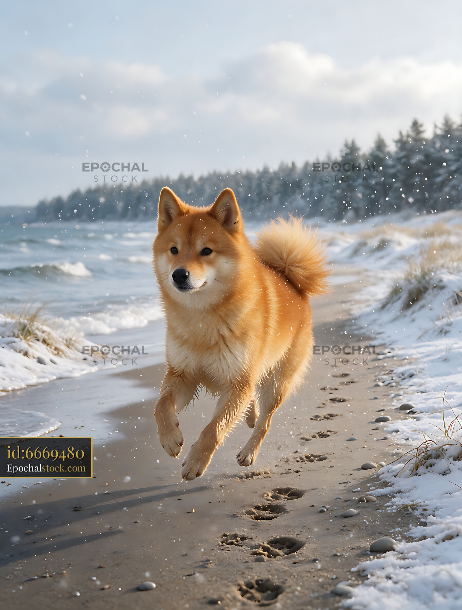 Watermarked full-resolution preview of Tan dog running beside snowy coastal water