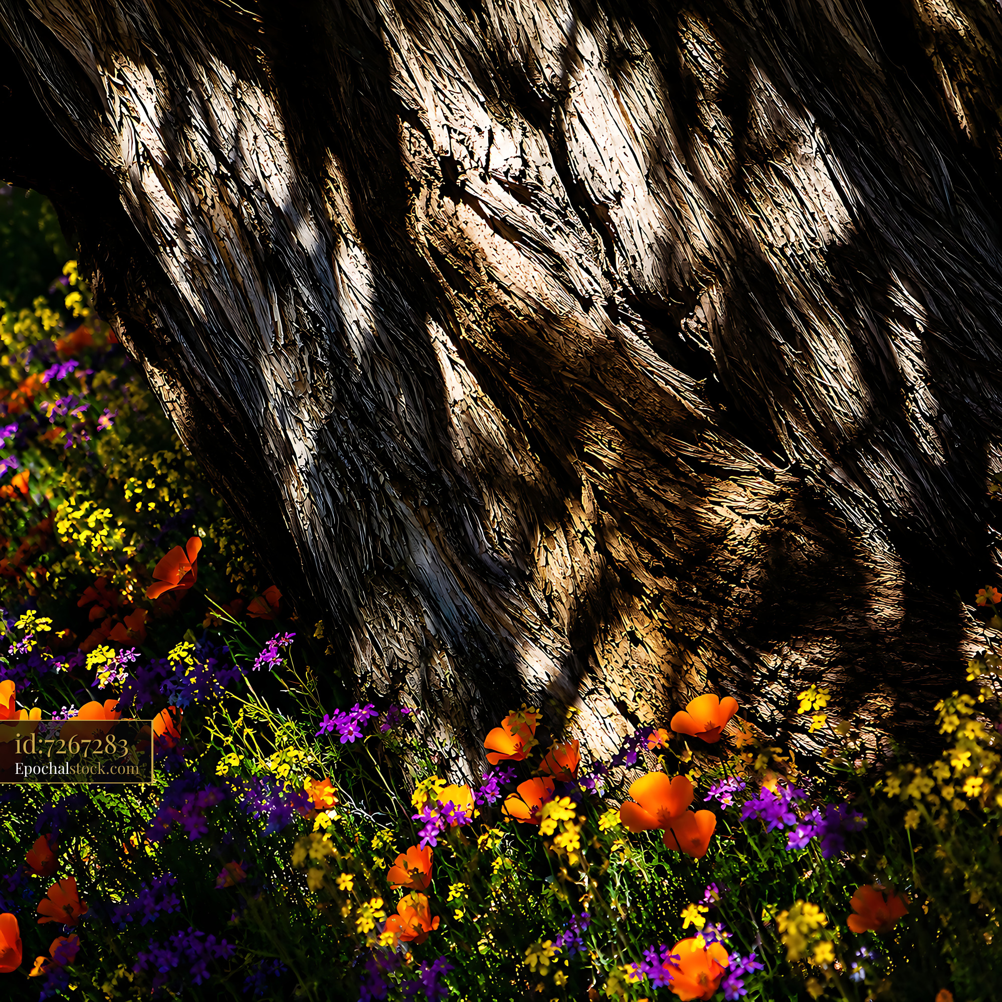 Close-up View of Flowers Blooming Near an Old Tree Trunk - stock photo