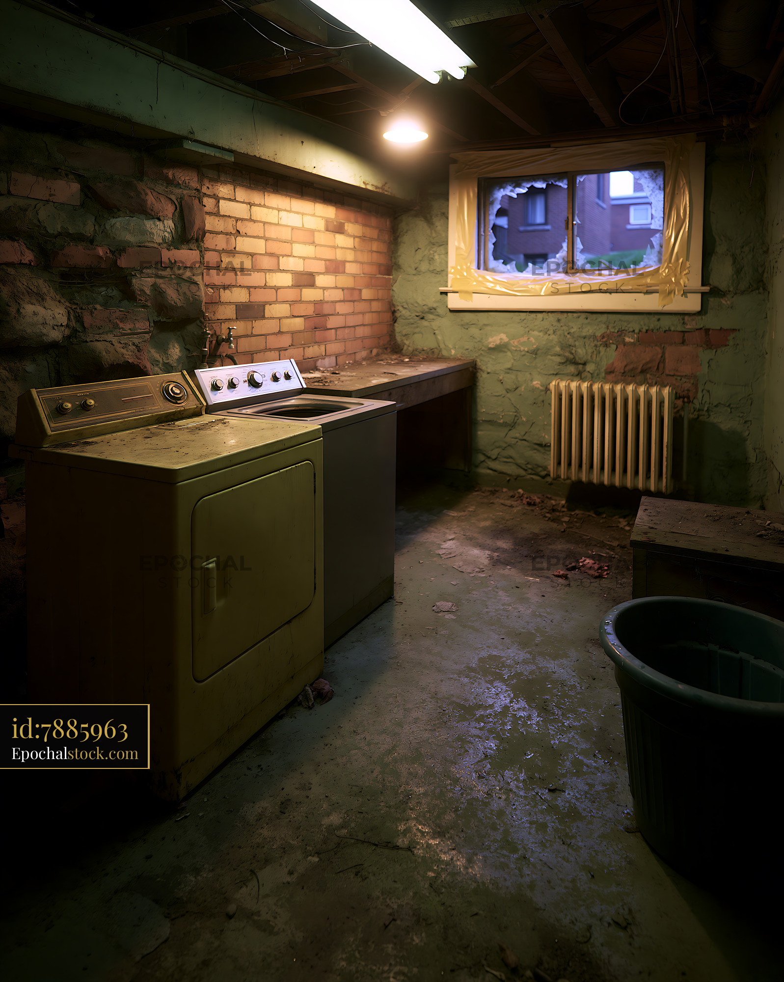 Neglected Laundry Room With Broken Appliances in a Basement - stock photo