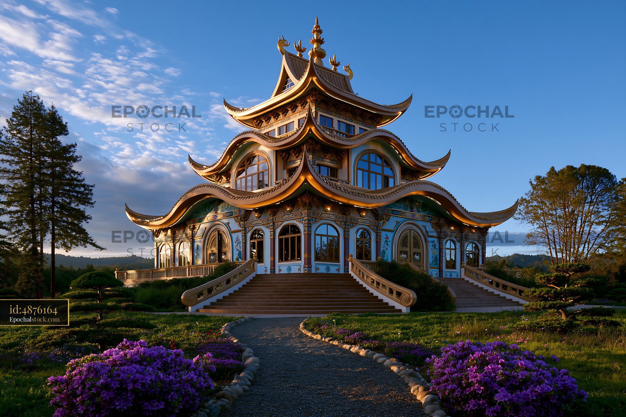 Watermarked full-resolution preview of Beautiful building surrounded by trees and flowers at sunset