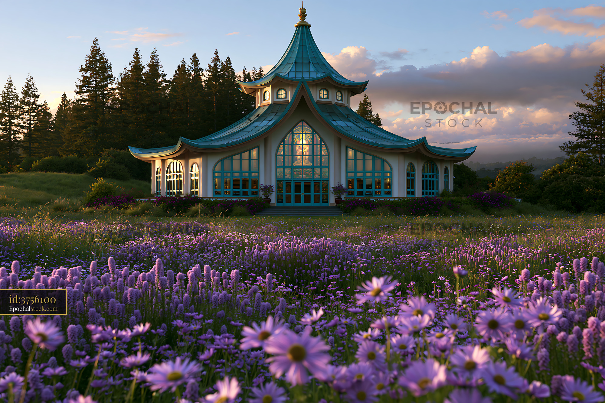 Watermarked full-resolution preview of Colorful flowers surround a building with unique architecture