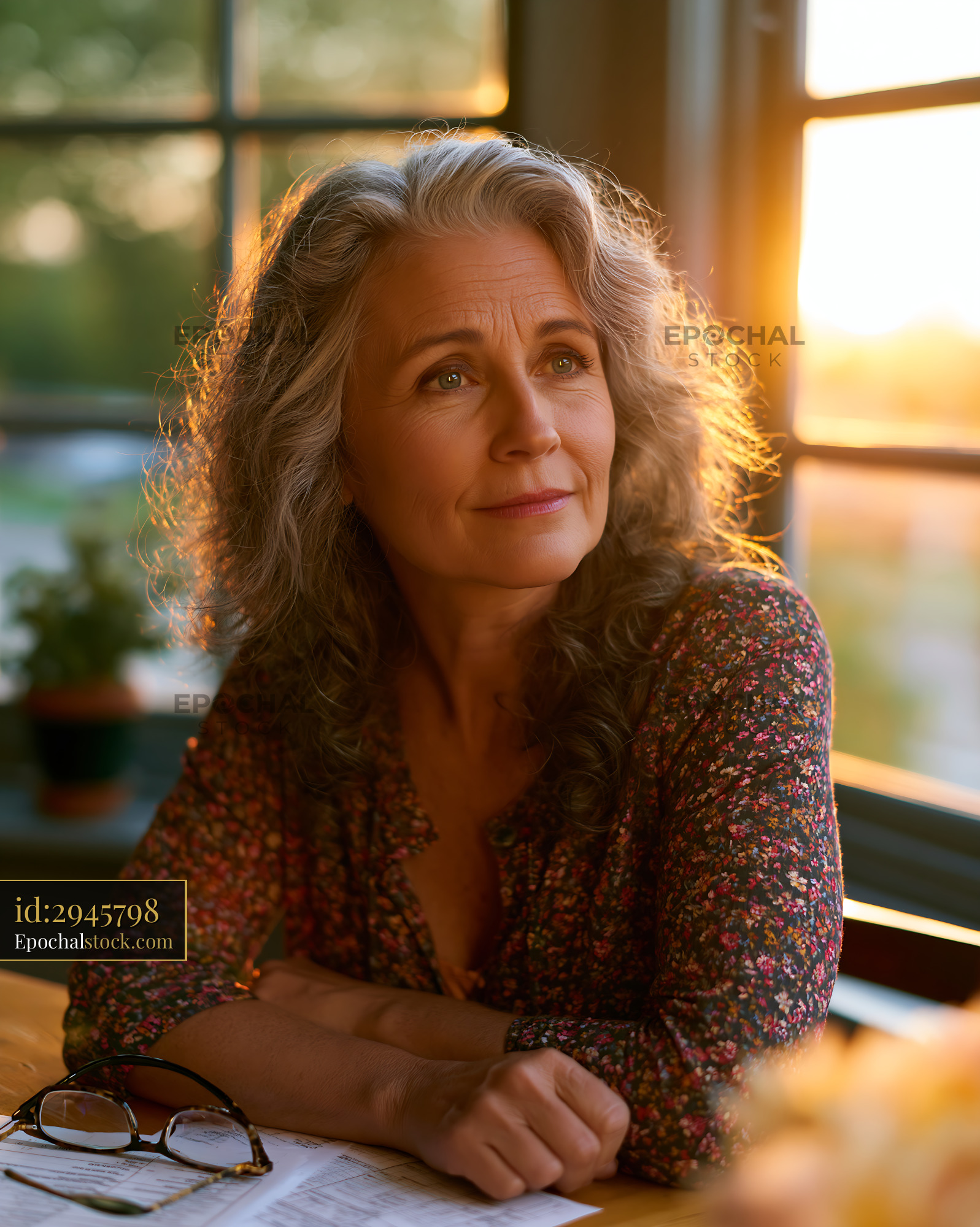 Watermarked full-resolution preview of Woman with gray hair sitting at table during sunset