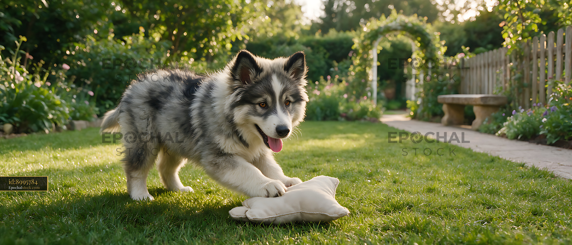 Watermarked full-resolution preview of Gray and white puppy playing outdoors with a soft toy