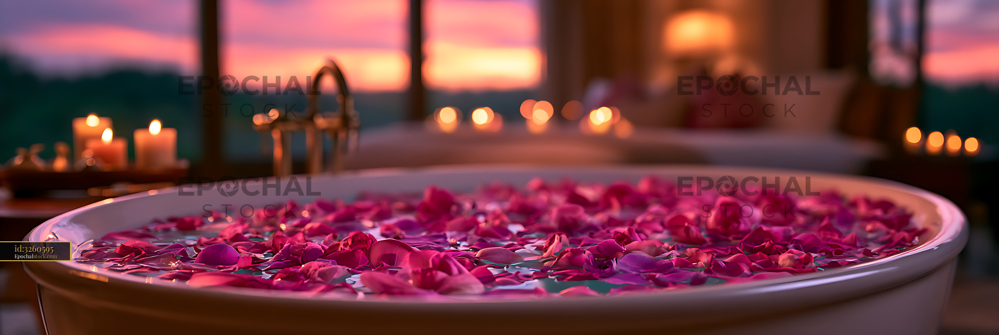 Watermarked full-resolution preview of Bathtub filled with rose petals in warm candlelight
