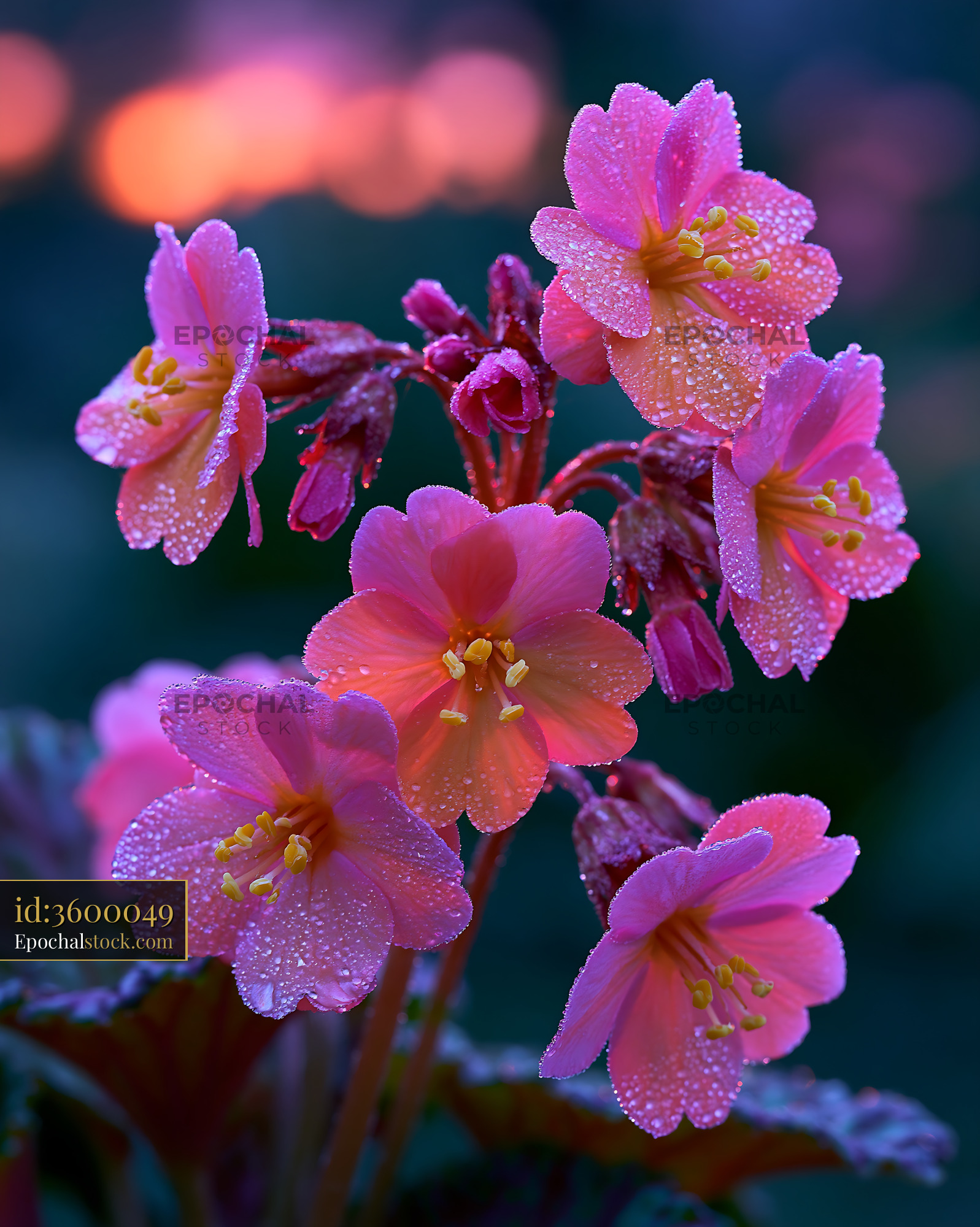 Watermarked full-resolution preview of Pink flowers with water droplets in evening light