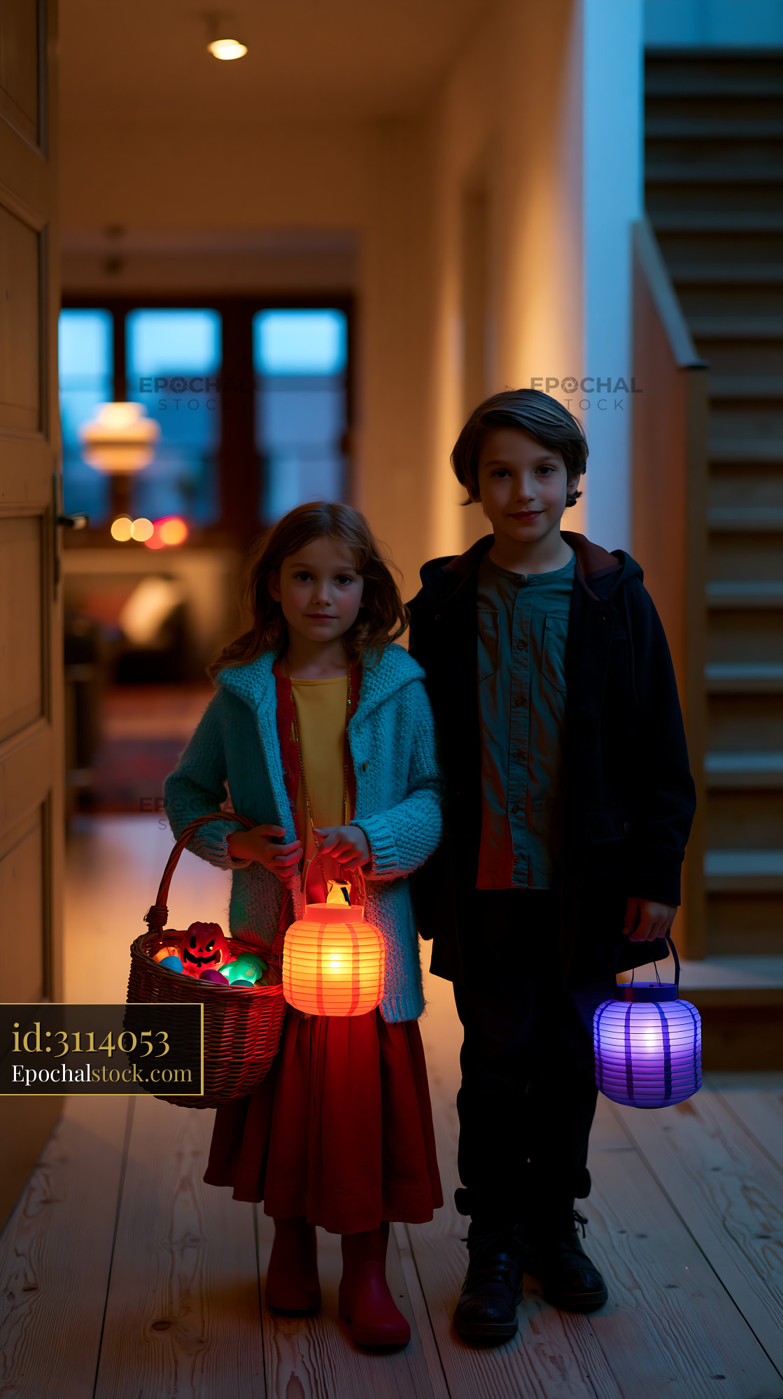 Watermarked full-resolution preview of Children holding lanterns in a hallway during evening hours