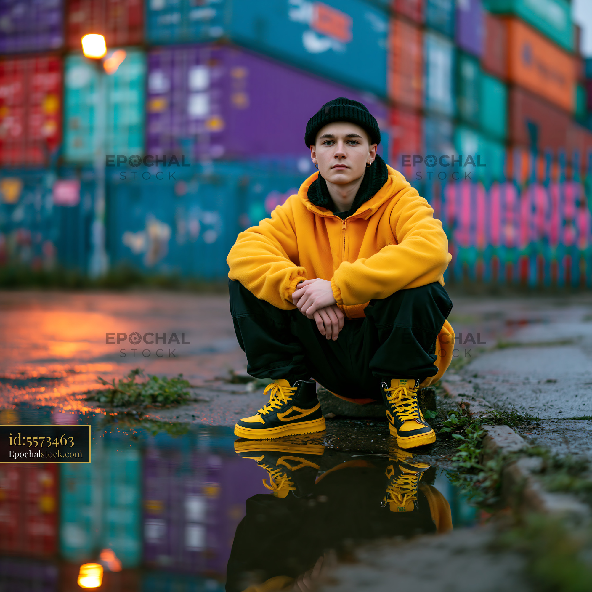Watermarked full-resolution preview of Youth by a puddle with shipping containers behind