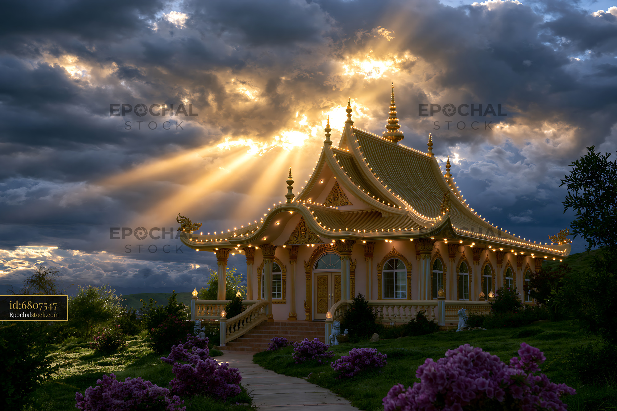 Watermarked full-resolution preview of Illuminated ornate temple under golden sun rays