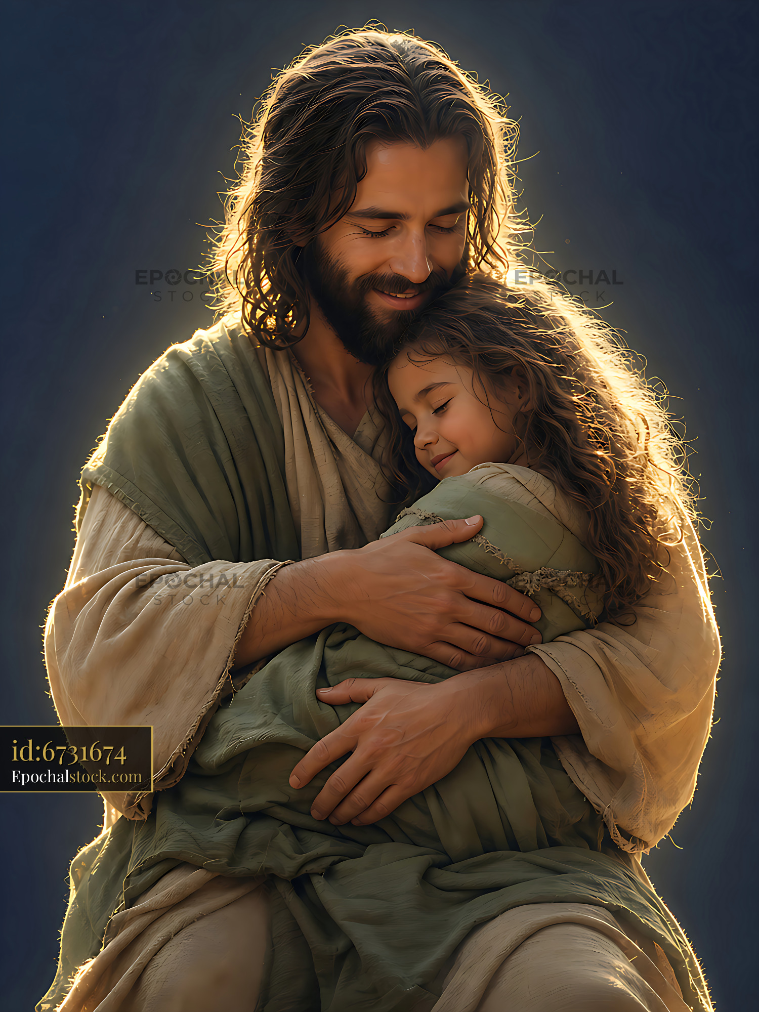 Jesus Embraces a Child With a Warm Smile in a Soft Light - stock photo