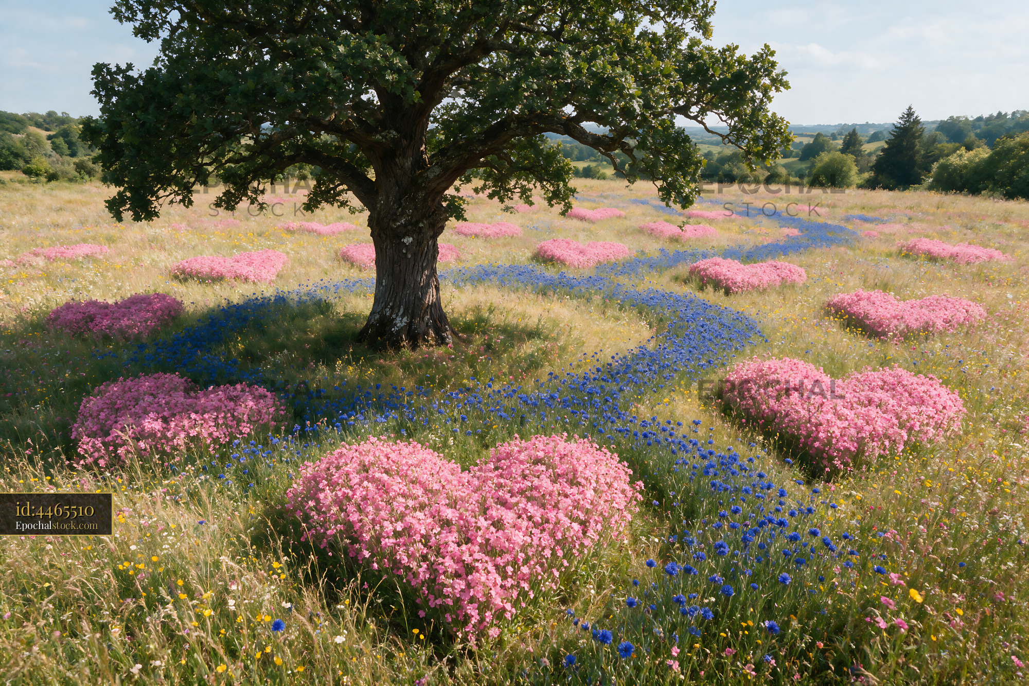 Watermarked full-resolution preview of Heart-shaped flower arrangements in a meadow