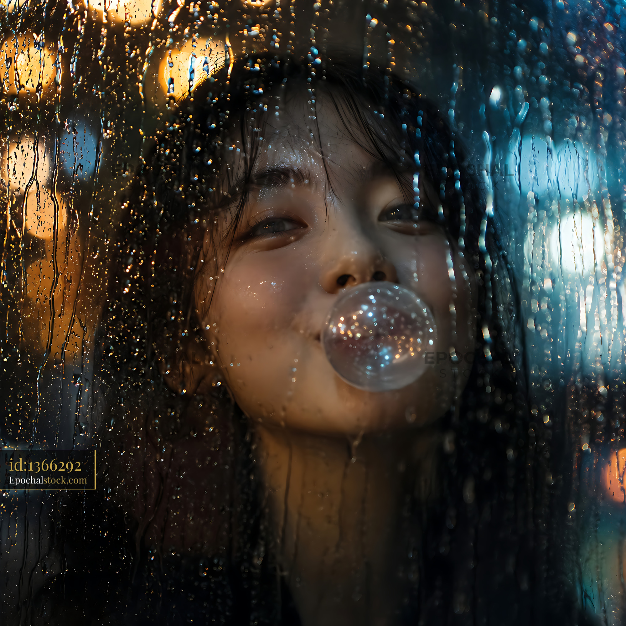Watermarked full-resolution preview of Young woman blowing bubble gum behind a rain-covered window