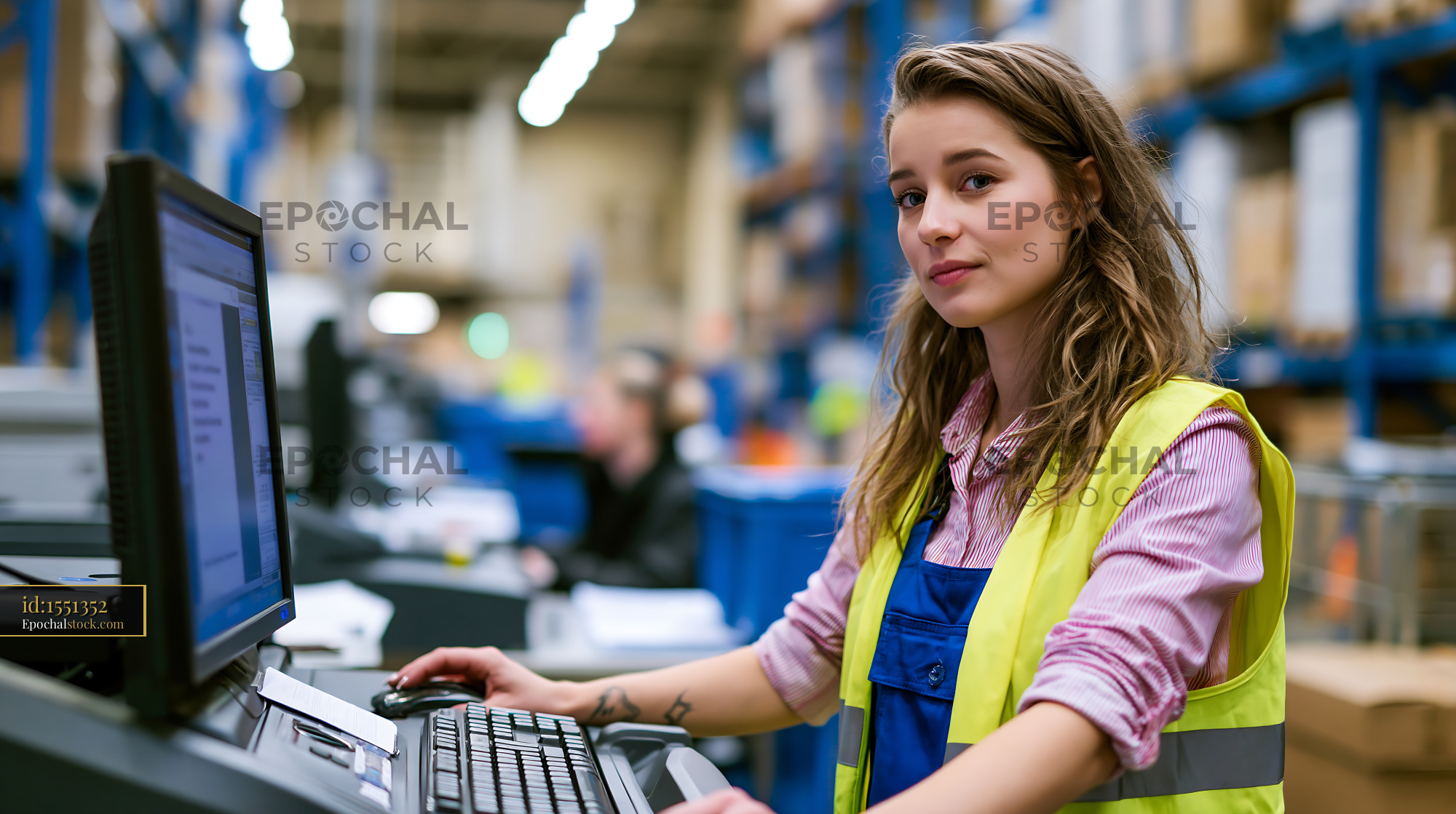 Watermarked full-resolution preview of Worker at a computer in a warehouse during the day
