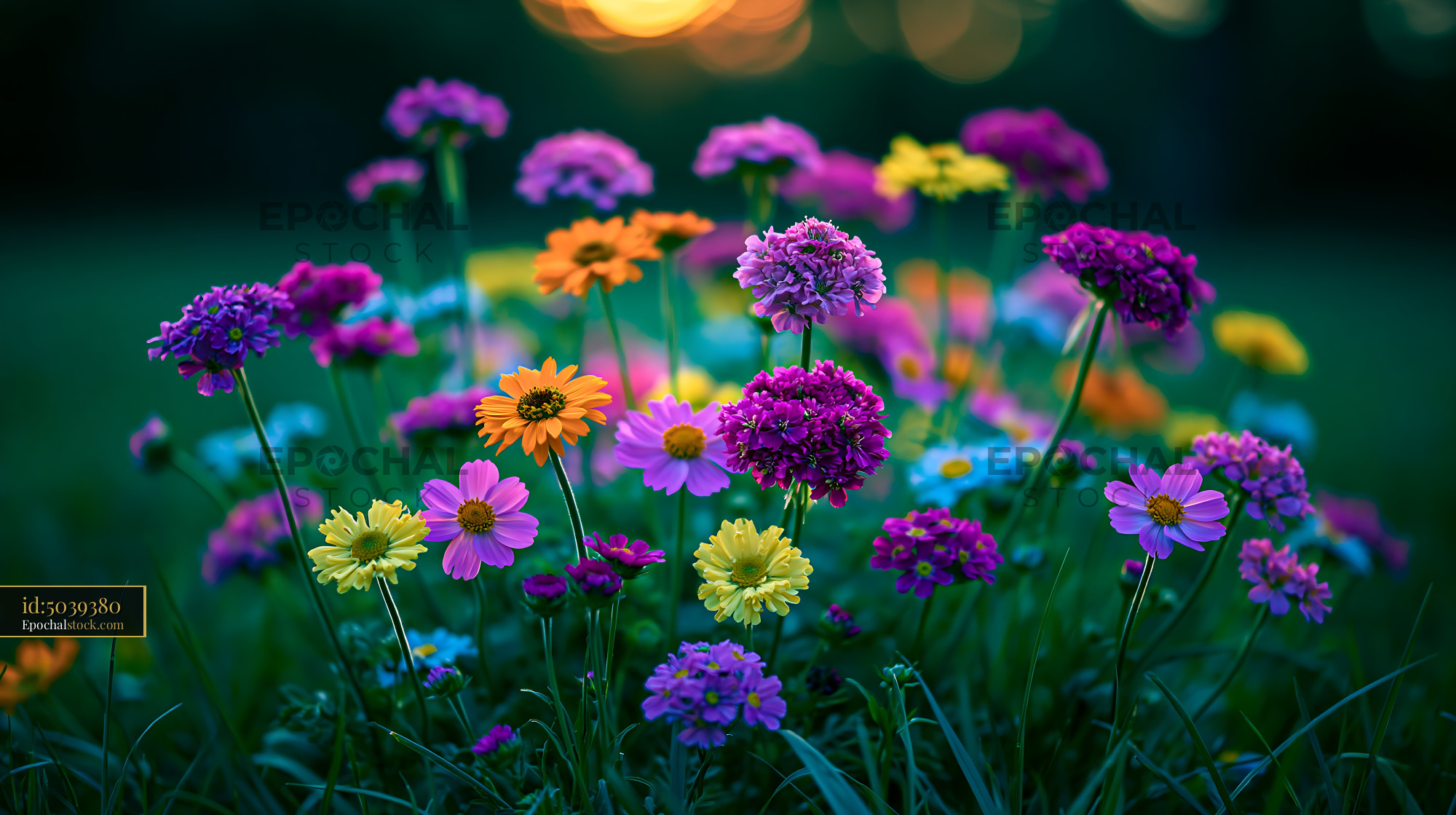 Colorful Flowers Bloom in a Garden During Sunset Hours - stock photo