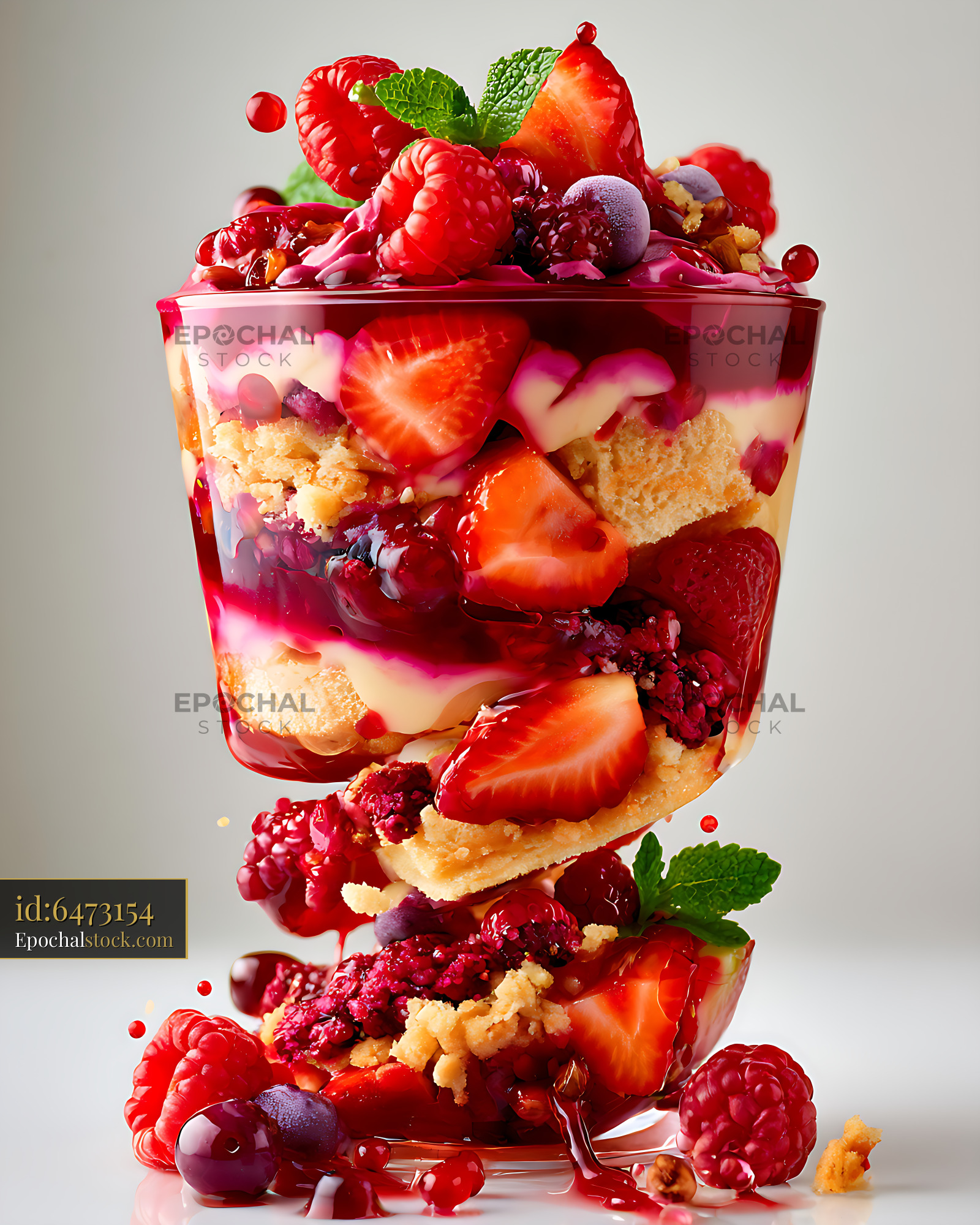 Watermarked full-resolution preview of Vibrant fruit and berry parfait with pastry layers