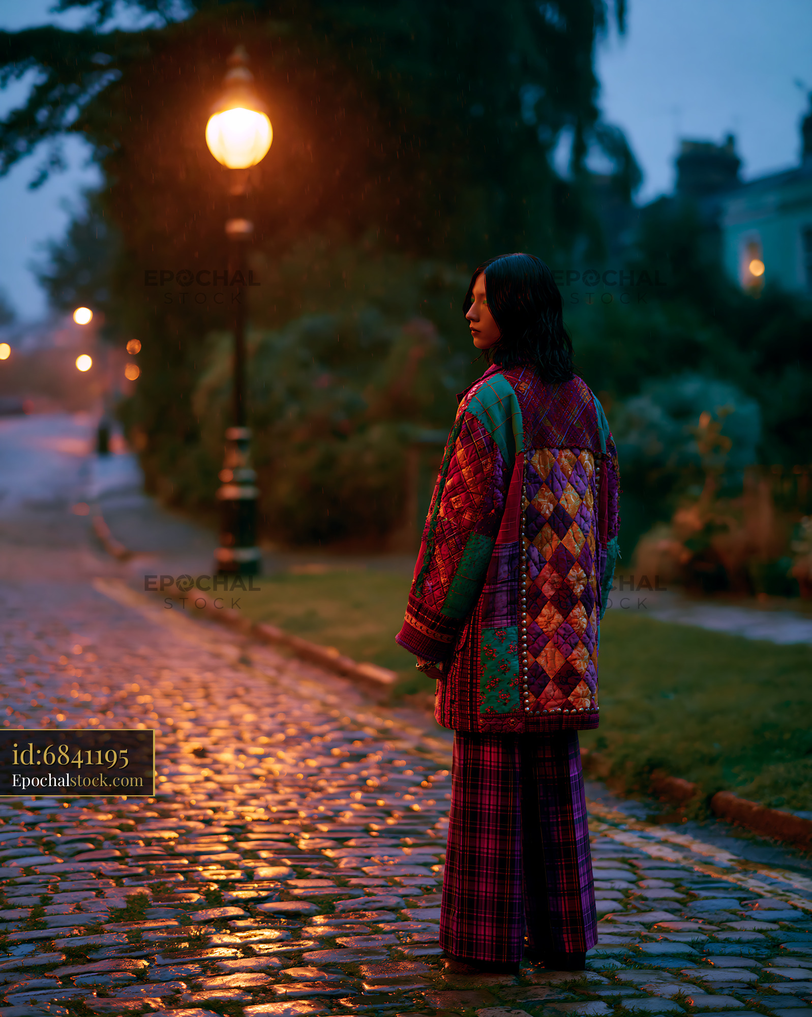 Watermarked full-resolution preview of Woman in colorful jacket standing on cobblestone street at dusk