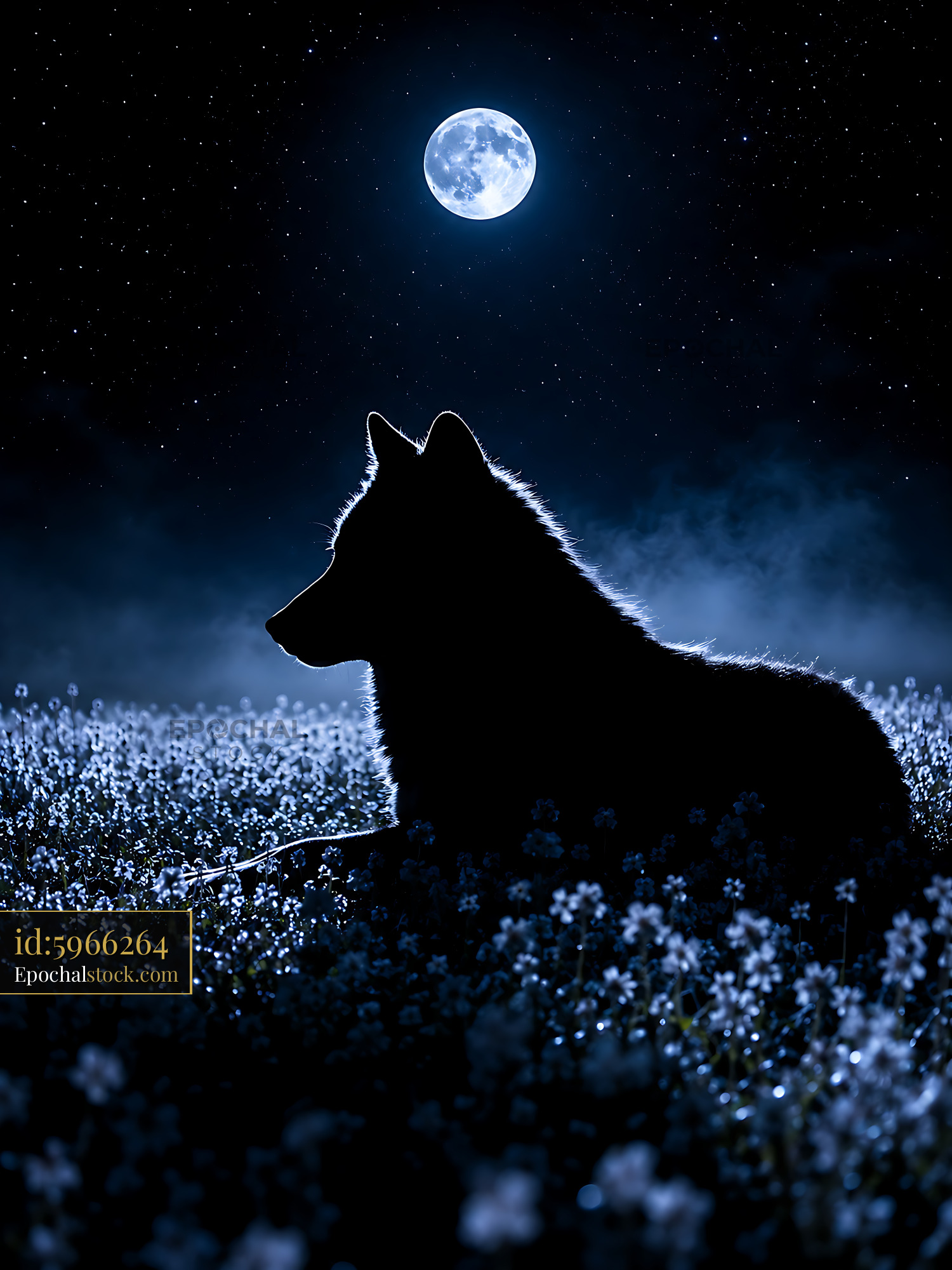 Watermarked full-resolution preview of Wolf silhouette under full moon in field of flowers