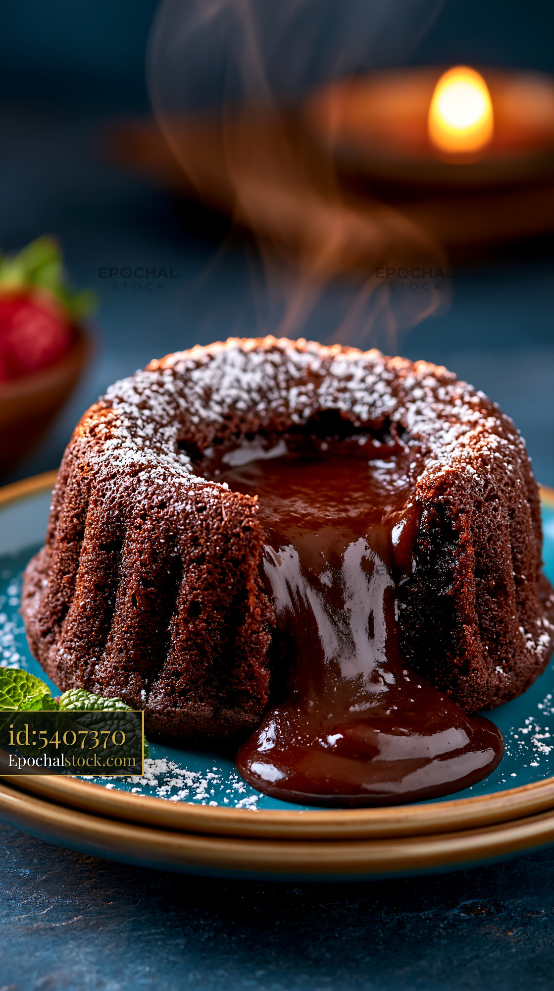 Watermarked full-resolution preview of Hot chocolate lava cake on a blue plate with fresh mint