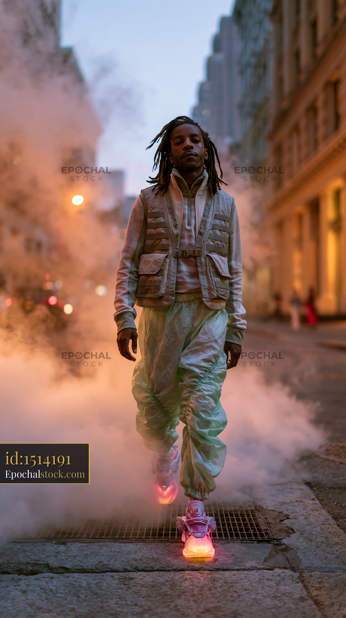 Watermarked full-resolution preview of Man walking on street with smoke at twilight
