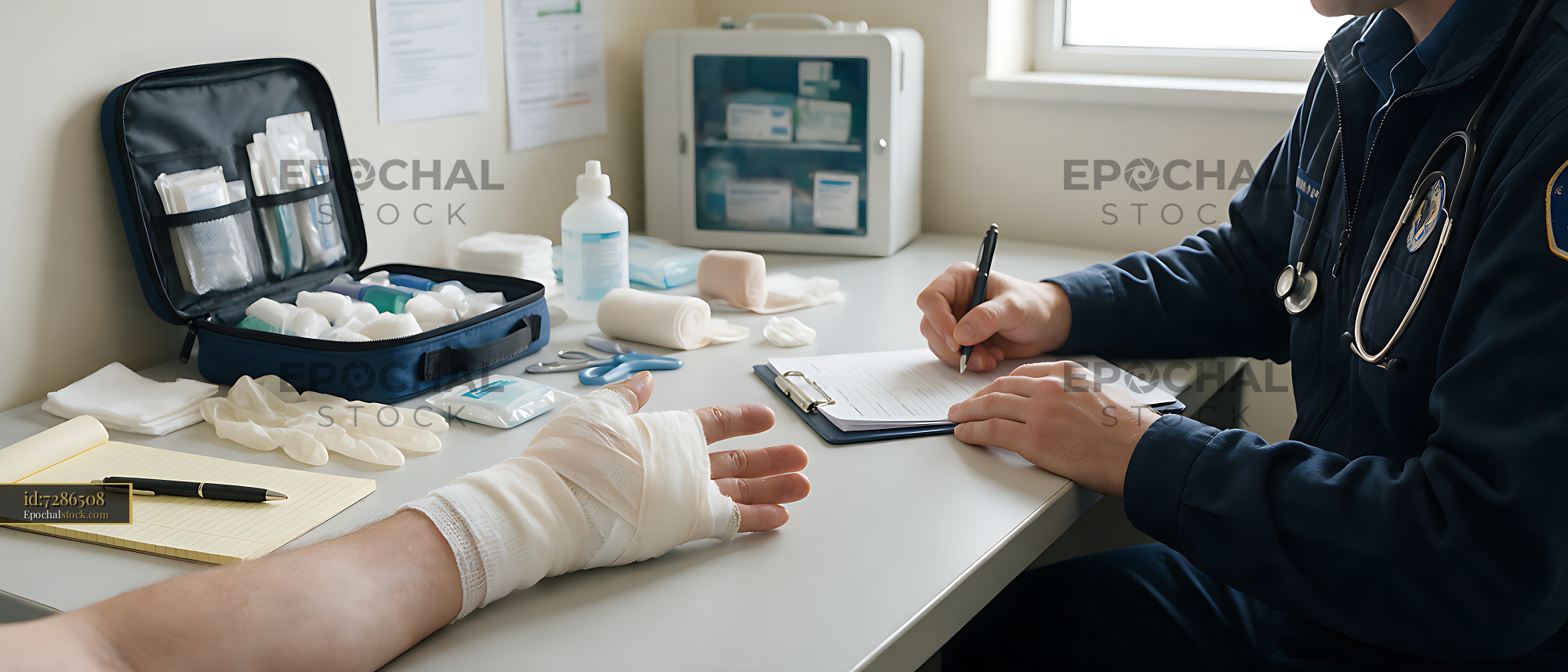 Watermarked full-resolution preview of Workplace first aid care for an injured hand