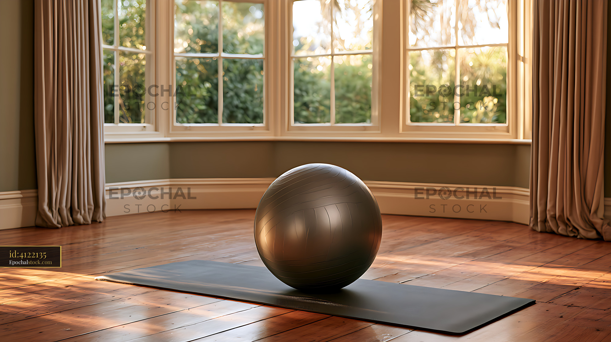 Watermarked full-resolution preview of Exercise ball and yoga mat in a bright home interior