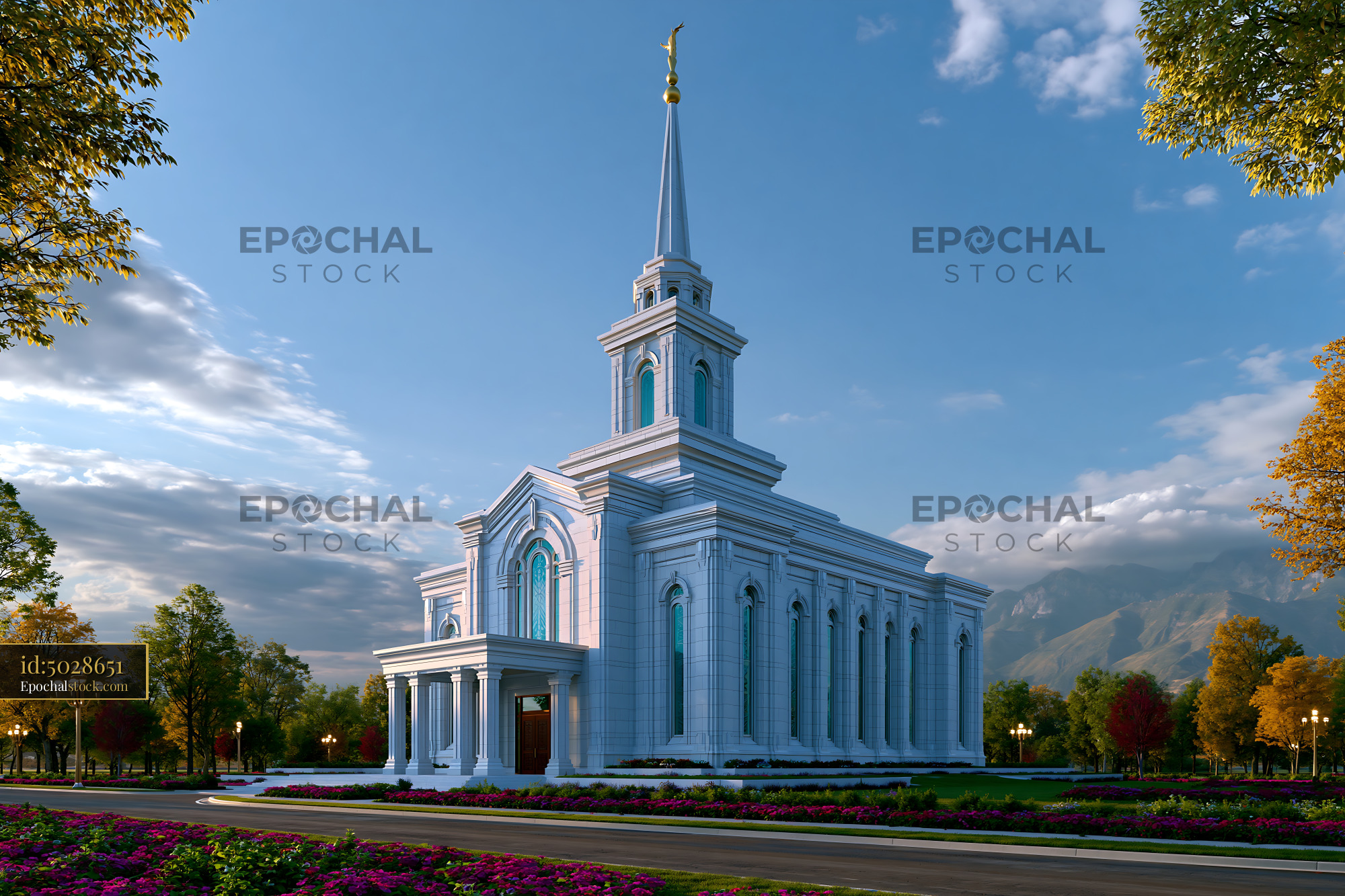 Watermarked full-resolution preview of Modern church building with tall spire and clear blue sky
