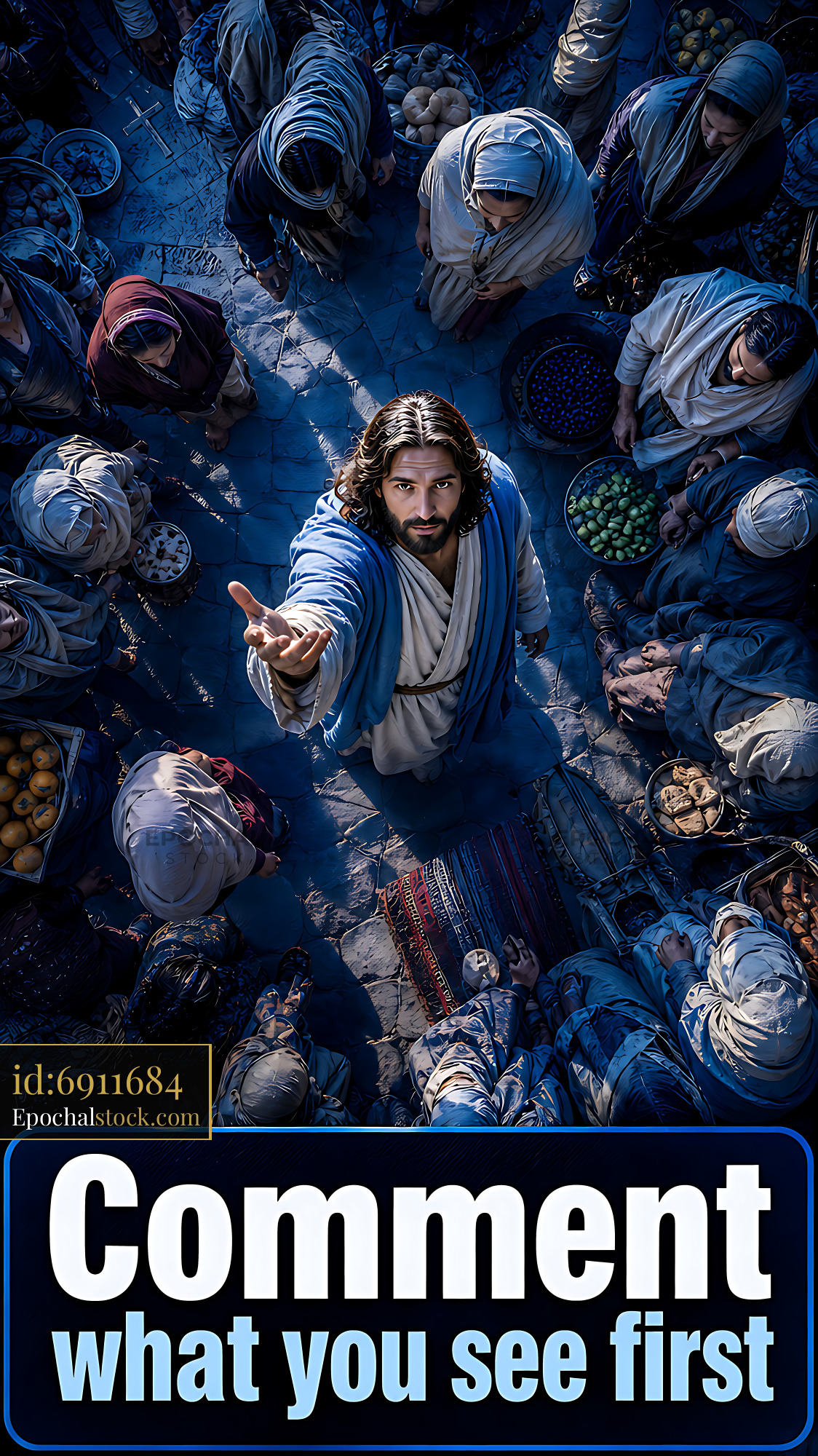 Watermarked full-resolution preview of Crowd gathering around a figure in a market scene