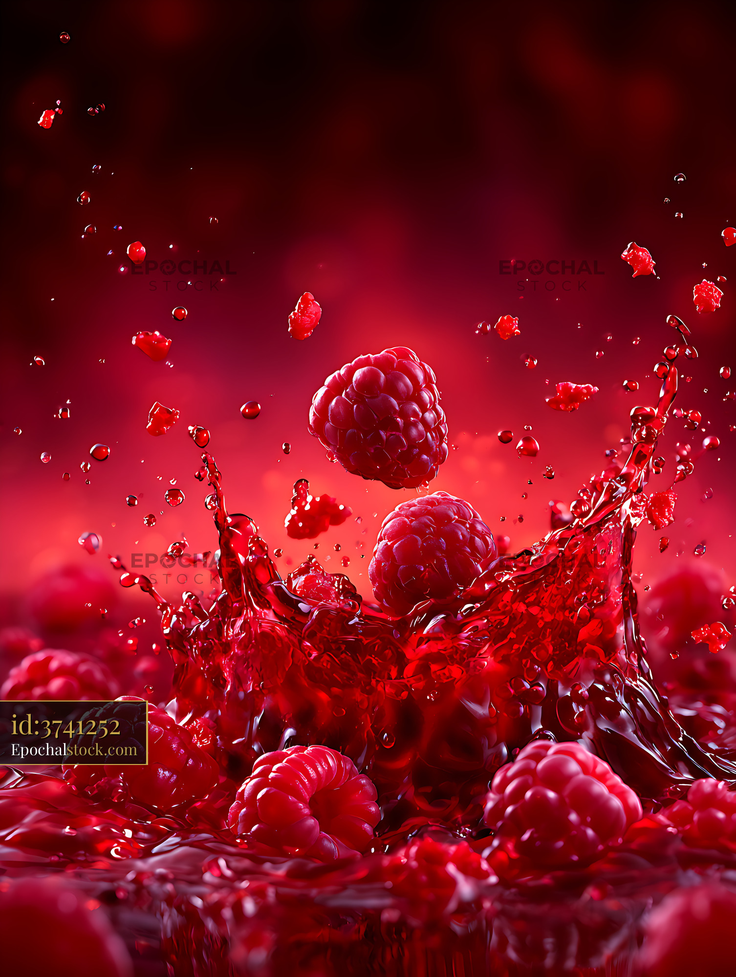 Watermarked full-resolution preview of Raspberries and liquid splash on a red background