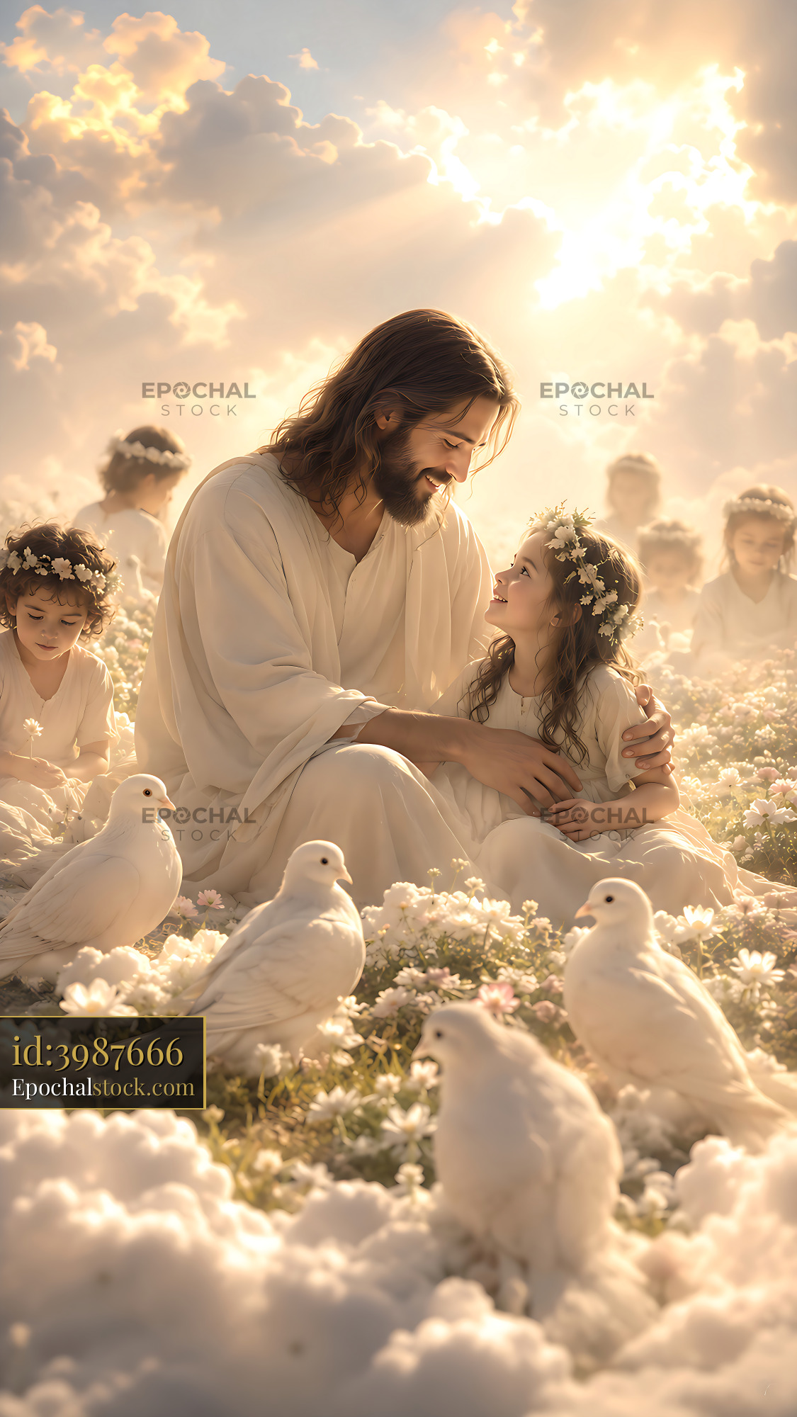 Watermarked full-resolution preview of Jesus with children and doves in a field of flowers