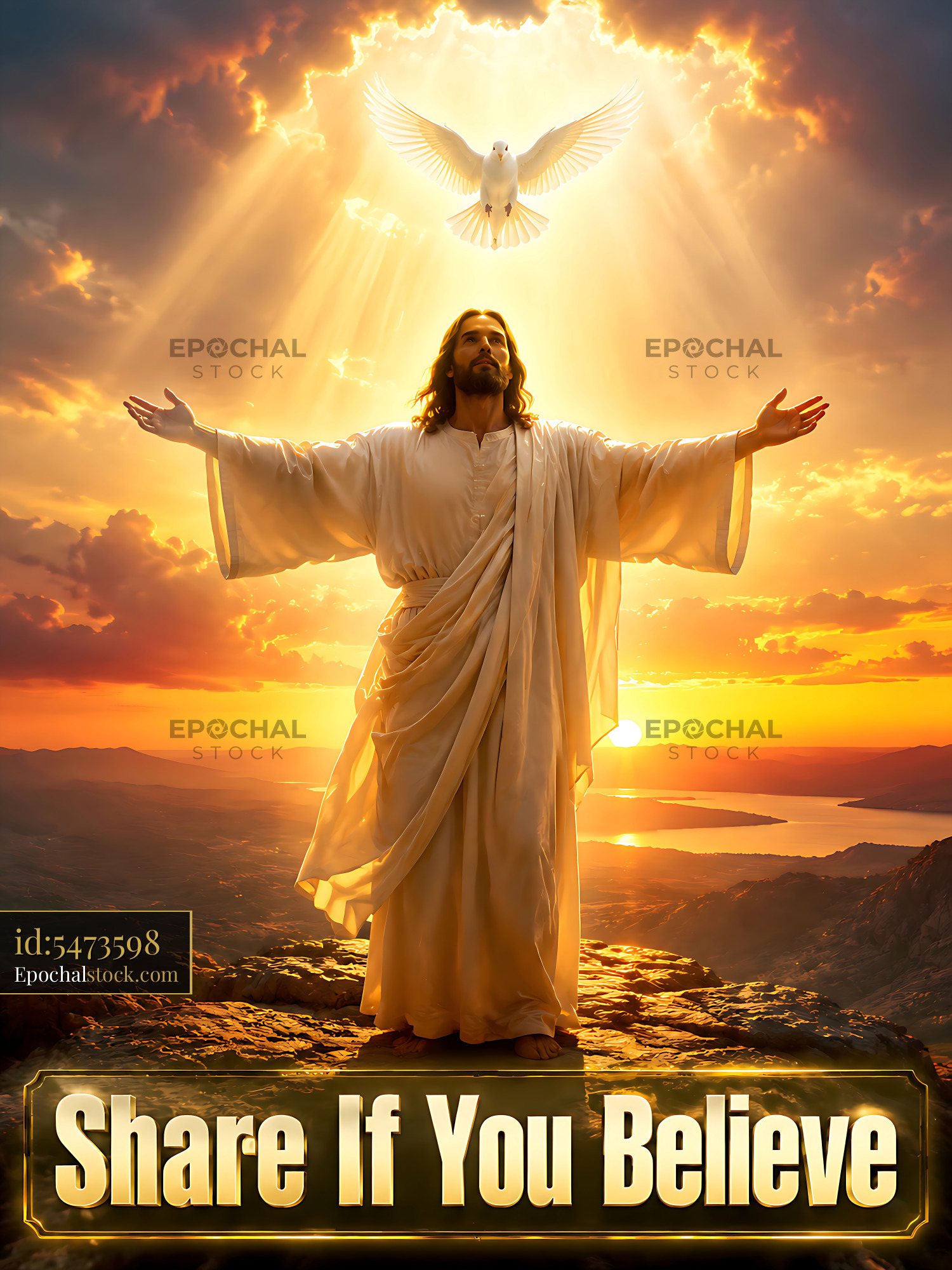 Watermarked full-resolution preview of Religious figure with open arms against a sunset view