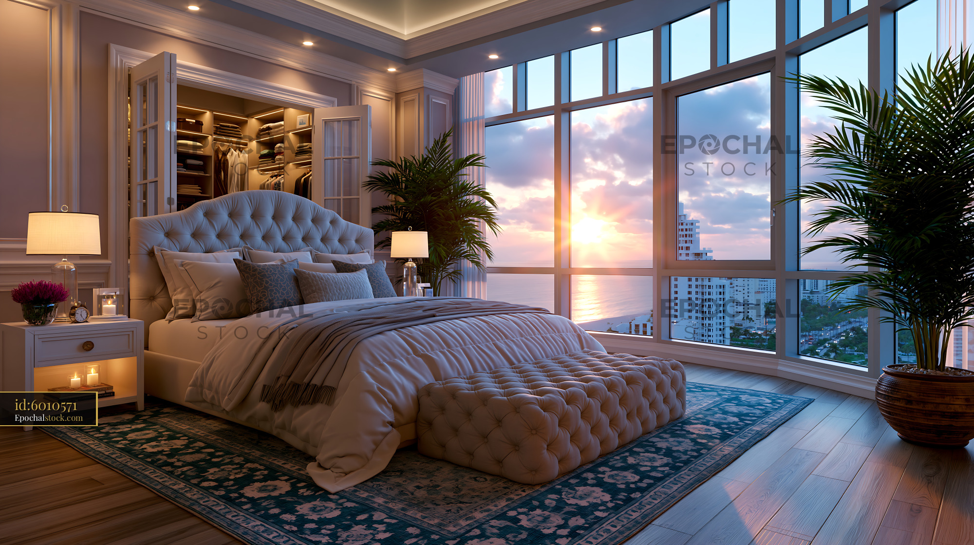 Watermarked full-resolution preview of Luxury bedroom with sunset view from large windows