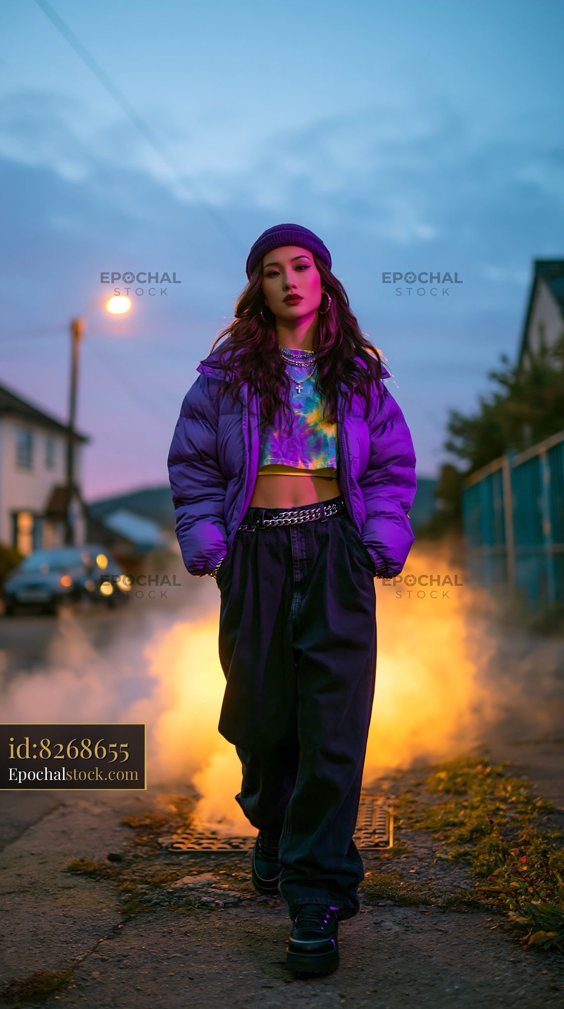 Watermarked full-resolution preview of Woman walking in the street during evening with smoke in background