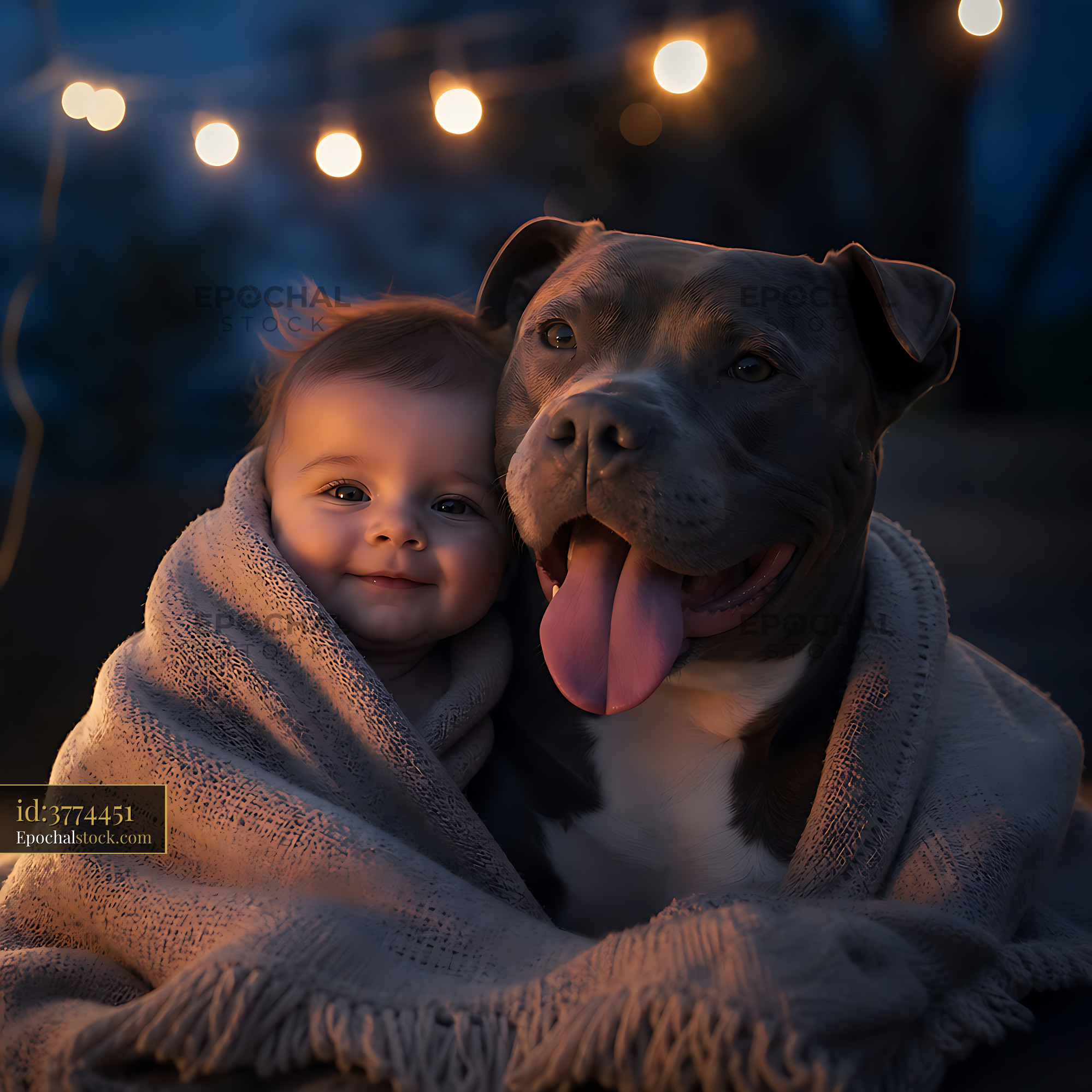 Watermarked full-resolution preview of Baby and dog wrapped in a blanket under string lights at night