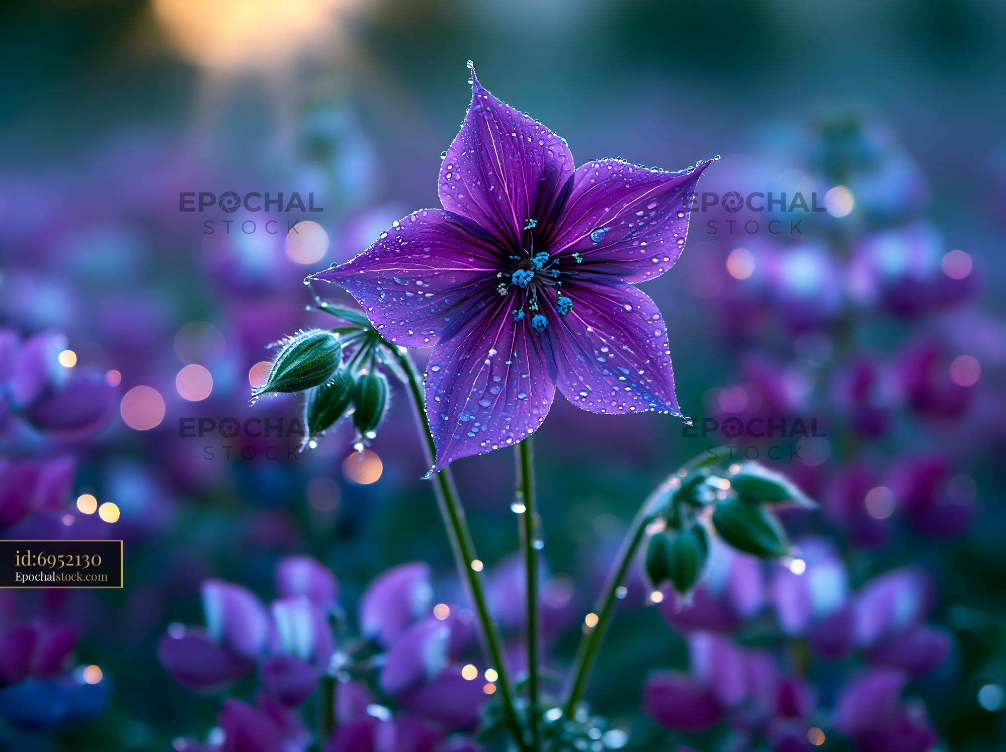 Watermarked full-resolution preview of Purple flower with dew in a field during sunrise