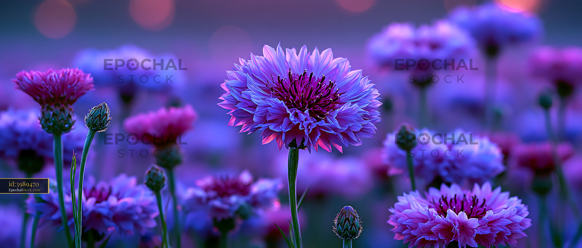 Watermarked full-resolution preview of Colorful flowers bloom in a garden during sunset
