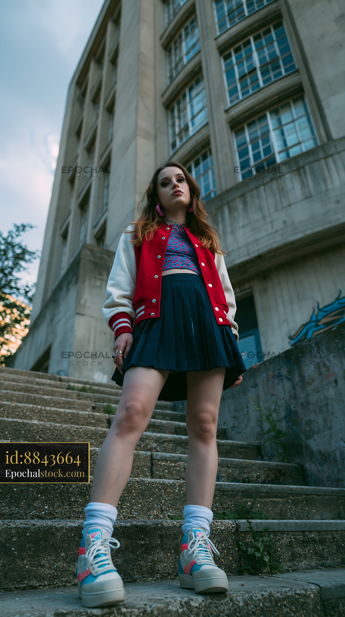 Watermarked full-resolution preview of Young woman in vintage outfit poses on outdoor steps in urban setting
