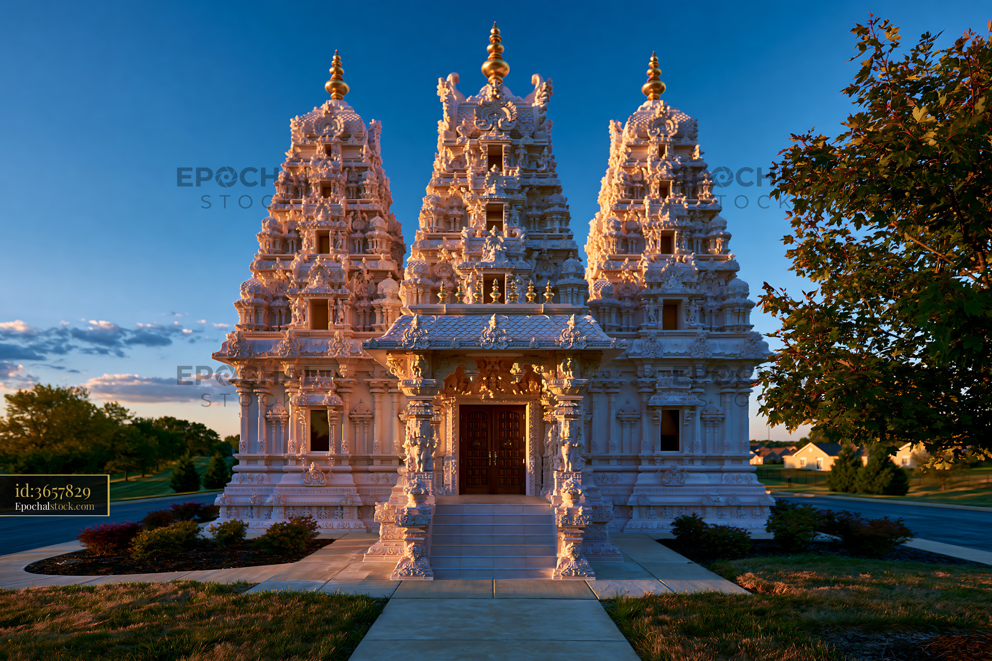 Watermarked full-resolution preview of Temple structure under sunset sky in a quiet area