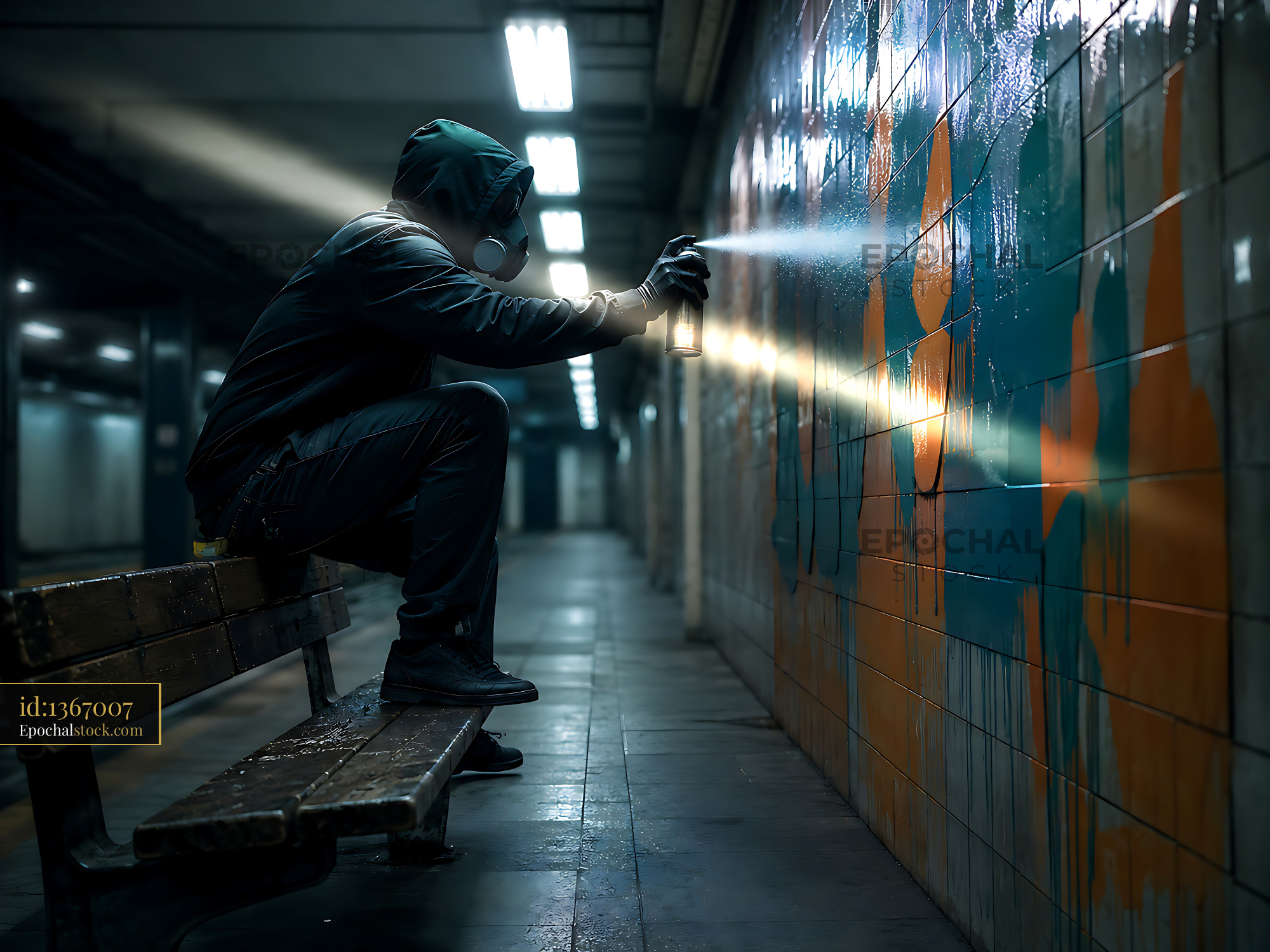 Watermarked full-resolution preview of Graffiti artist spray painting mural in subway station