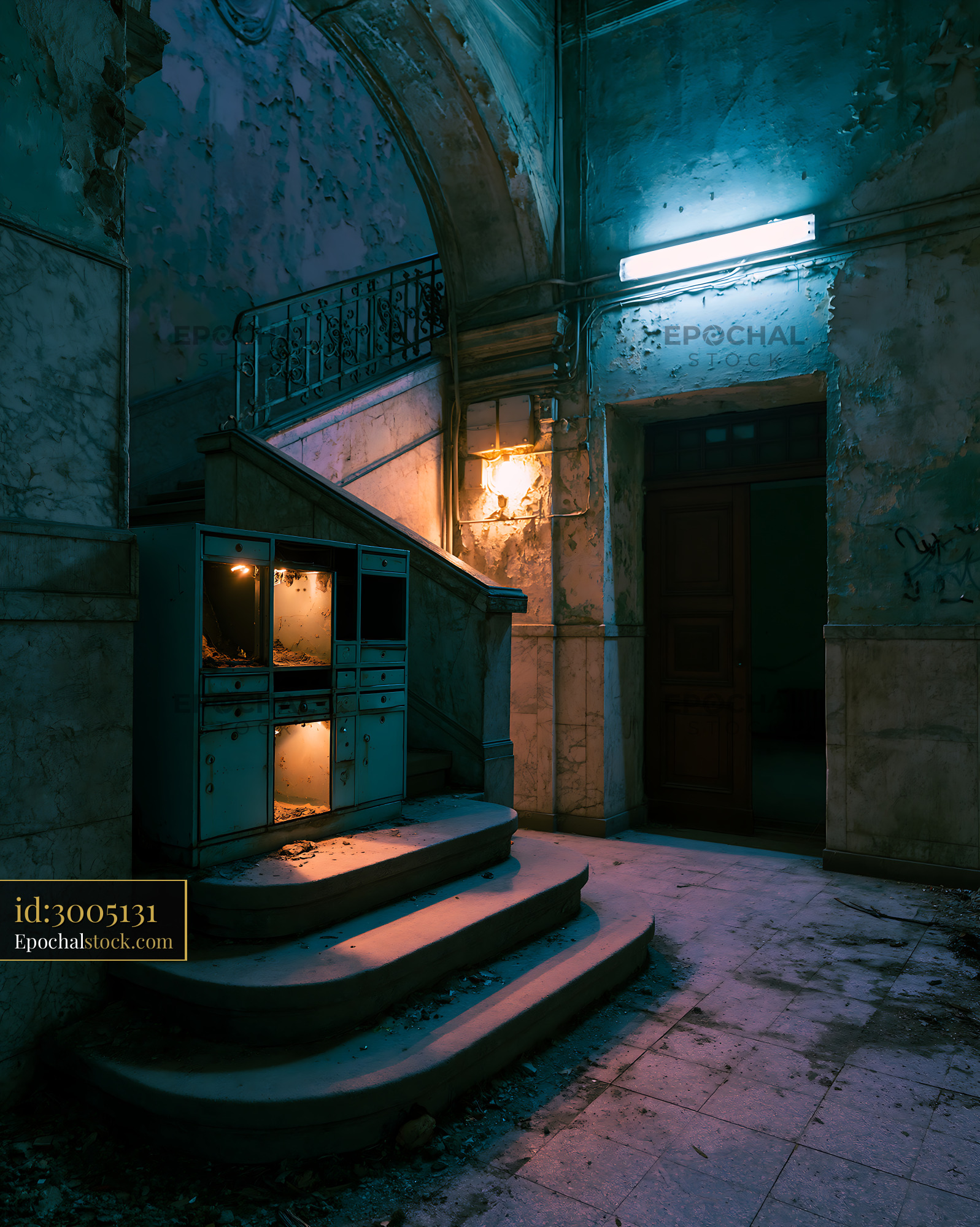Watermarked full-resolution preview of Old staircase in abandoned building with empty mailboxes