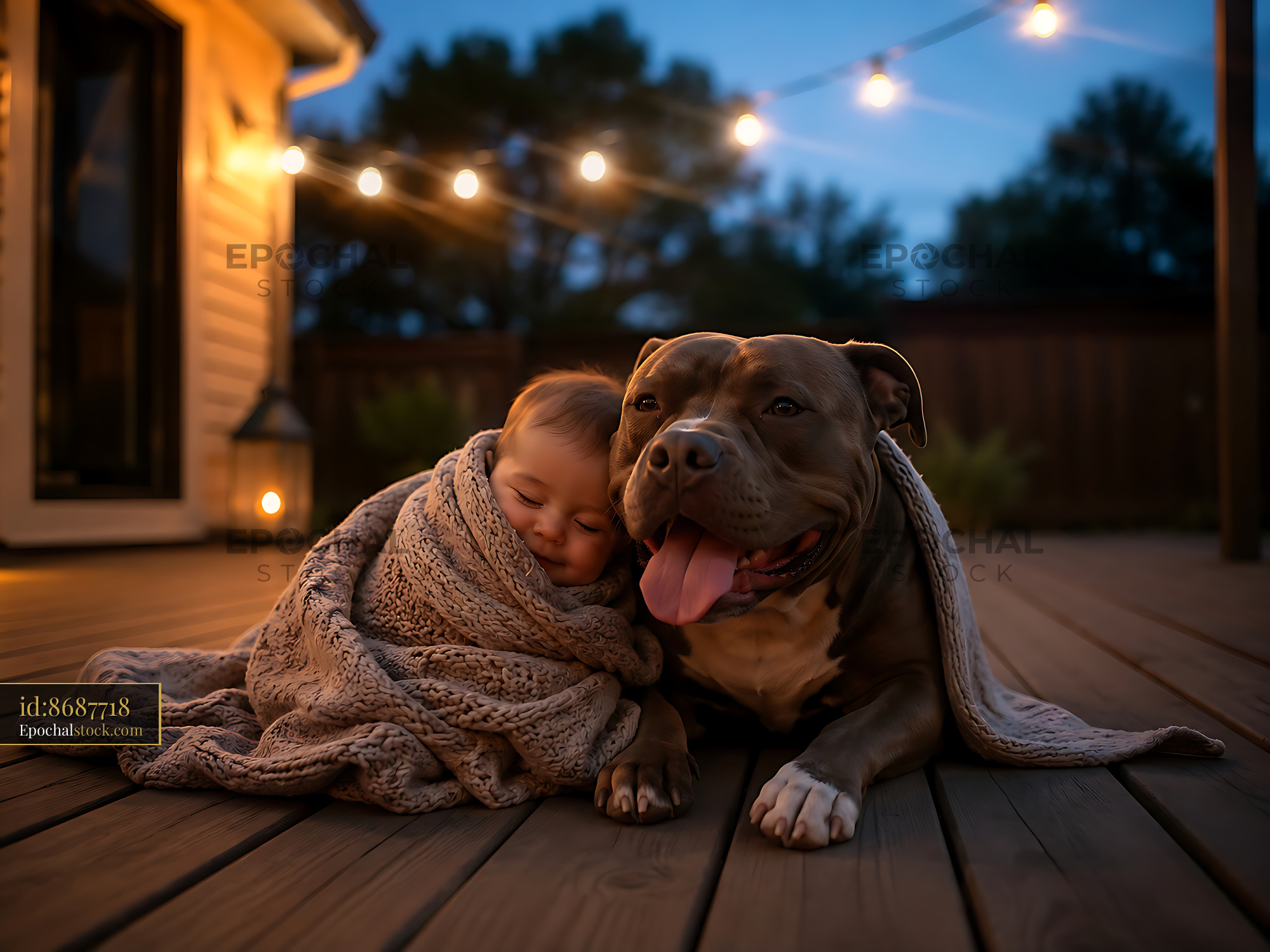 Watermarked full-resolution preview of Child and dog wrapped in blankets on a wooden deck at twilight