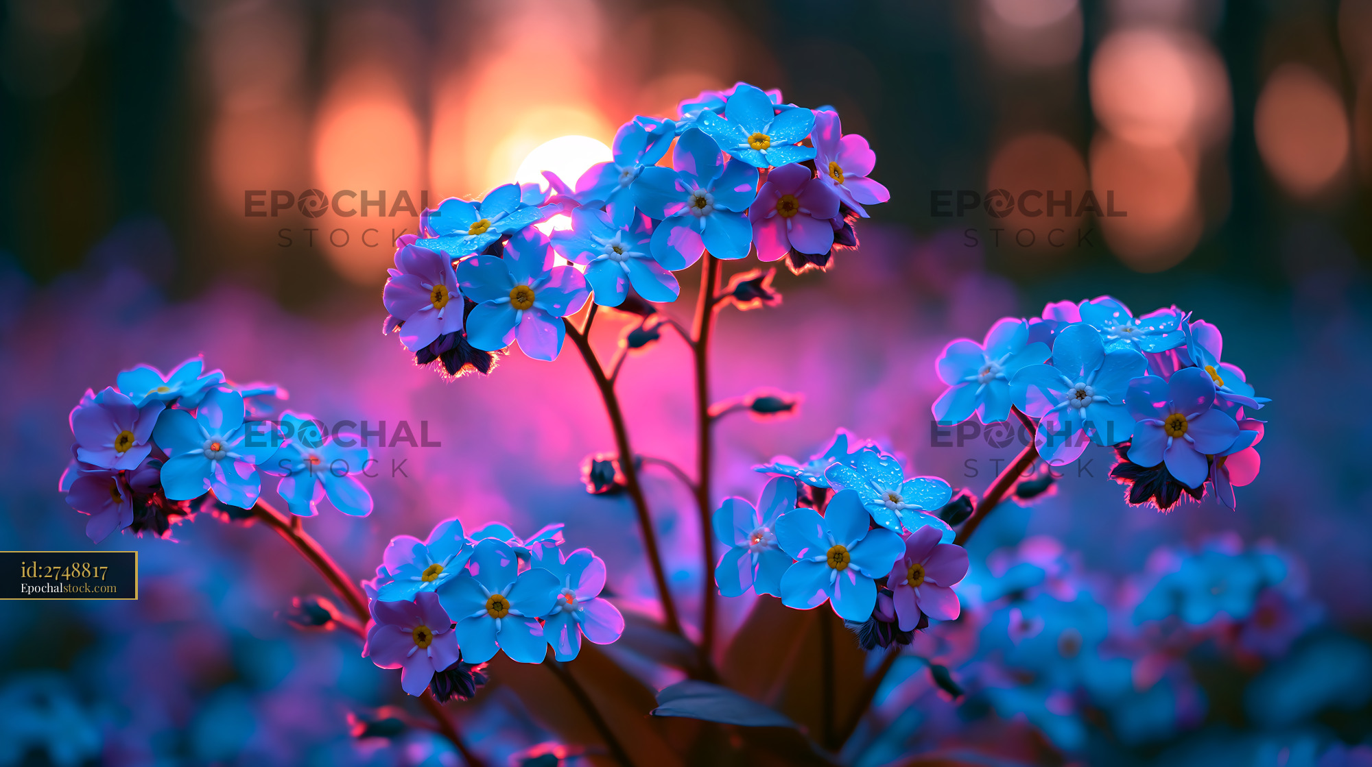 Watermarked full-resolution preview of Vibrant flowers blooming at sunset in a natural setting