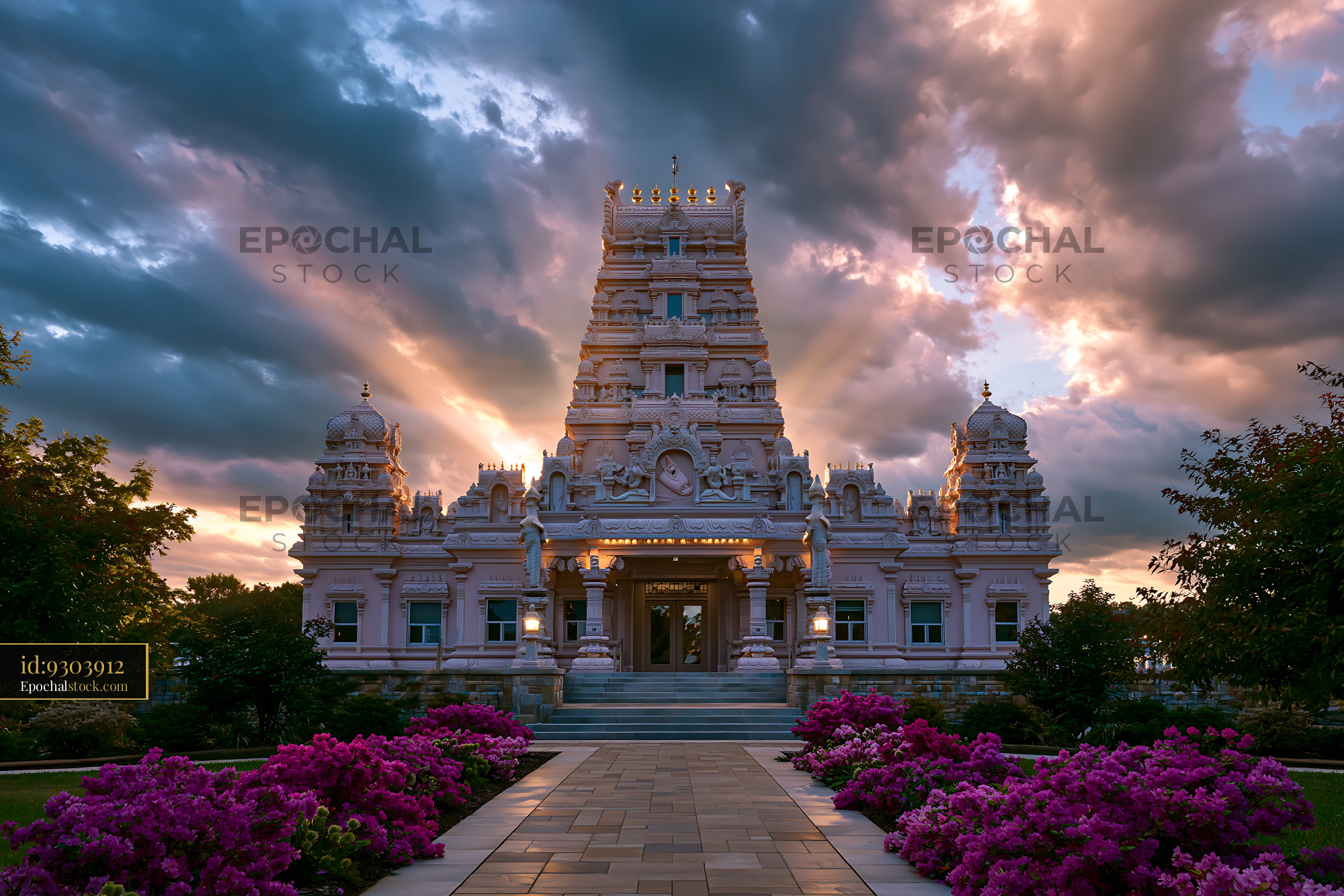 Watermarked full-resolution preview of Sunset view of a temple with colorful flowers in the foreground